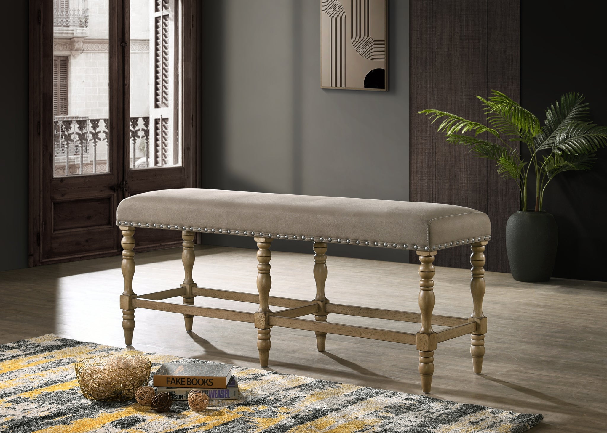 Birmingham Microfiber Upholstered Counter Height Bench With Nail Head Trim In Driftwood Finish Brown Wood