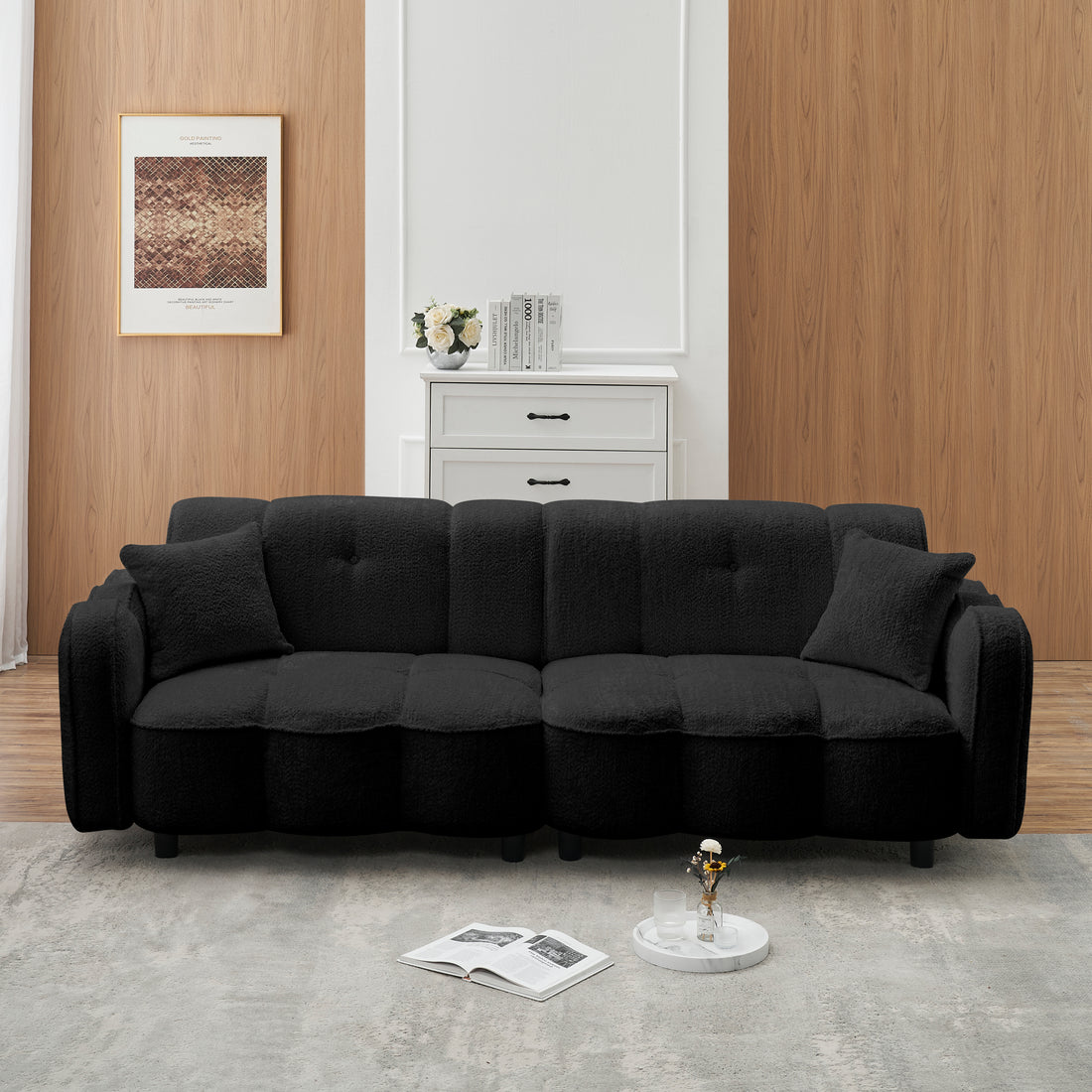 96.06 Inch Large Teddy Plush Sofa For Living Room And Entertainment Space. Black Brown Velvet Wood Primary Living Space Loose Back Medium Soft Contemporary Eucalyptus Square Arms Foam Foam 3 Seat
