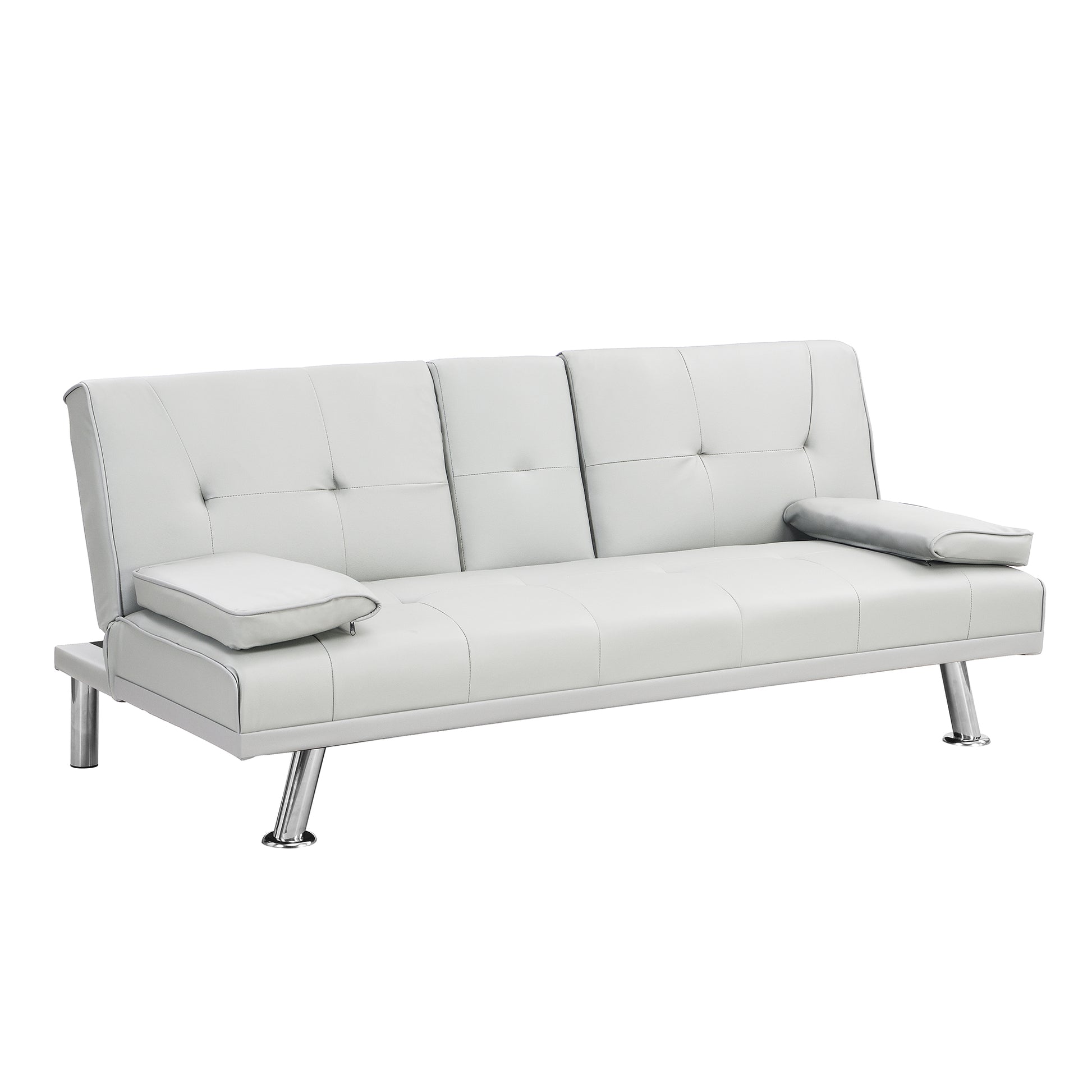 Sofa Bed With Armrest Two Holders Wood Frame, Stainless Leg, Futon White Pvc White Pvc