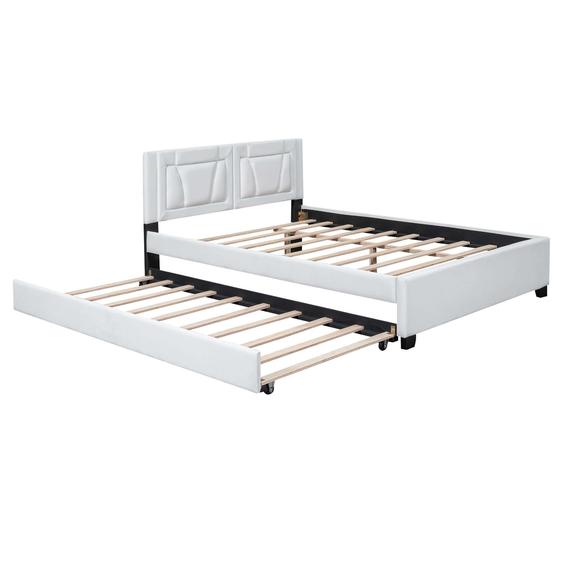 Queen Size Upholstered Platform Bed With Headboard And Twin Size Trundle, White Box Spring Not Required Queen White Bedroom Faux Leather Upholstered