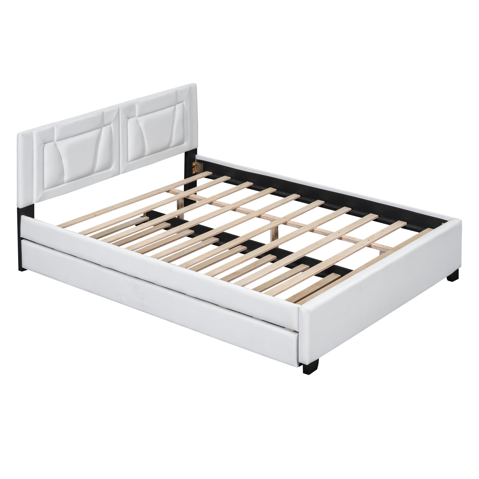 Queen Size Upholstered Platform Bed With Headboard And Twin Size Trundle, White Box Spring Not Required Queen White Bedroom Faux Leather Upholstered