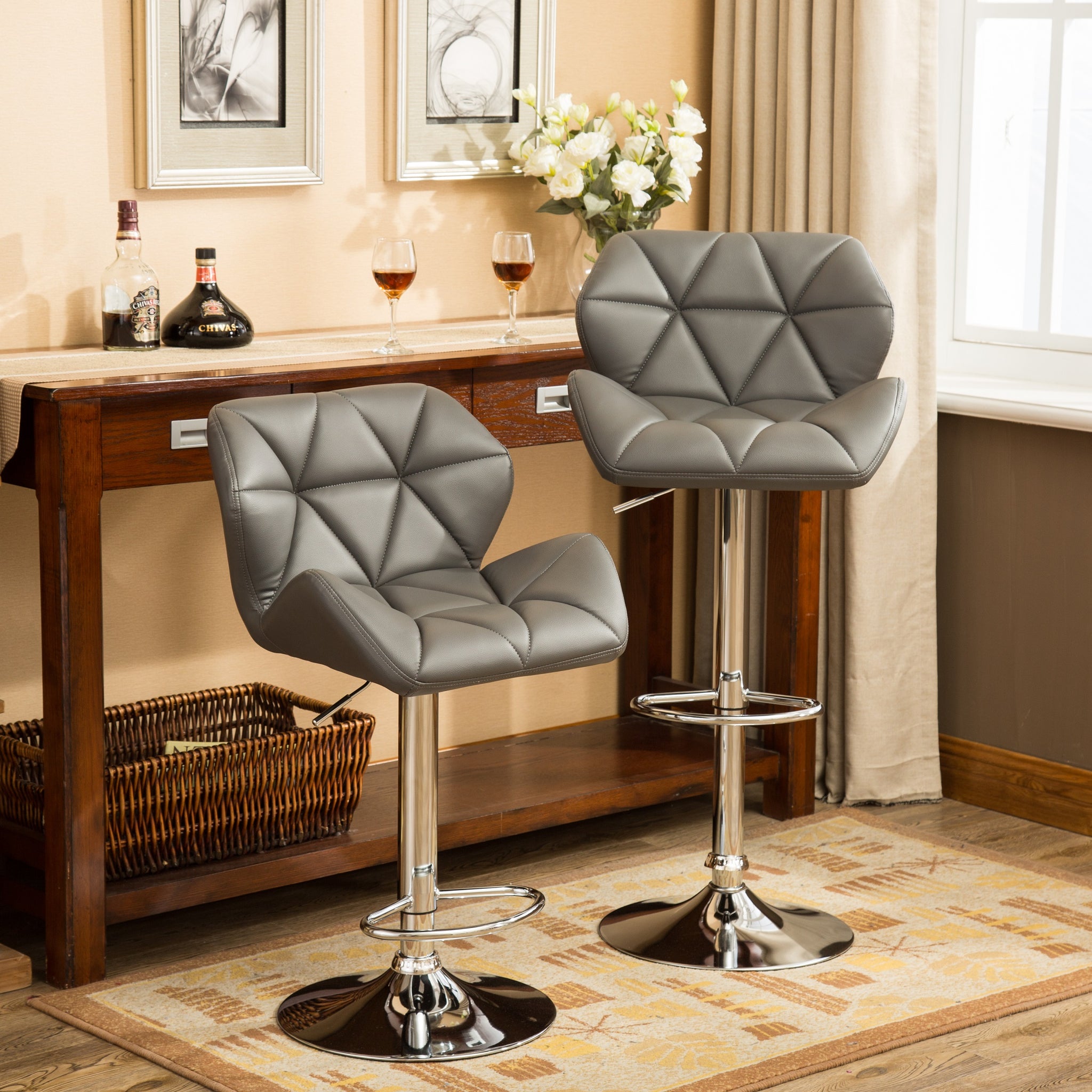 Glasgow Contemporary Tufted Adjustable Height Hidraulic Bar Stools, Set Of 2, Grey Gray Faux Leather