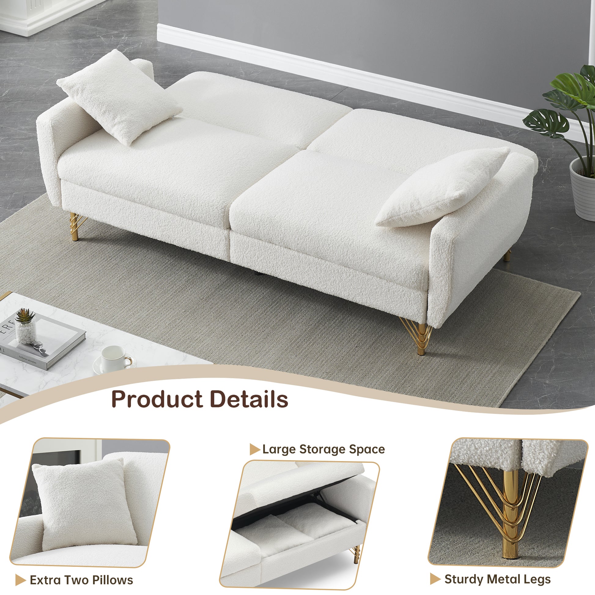 74.41 Inch Teddy Velvet Sofa Bed With Separate Adjustment Backrest And Storage Function White Light Brown Velvet Wood Primary Living Space Medium Soft Loose Back Contemporary Eucalyptus Square Arms Foam Foam 2 Seat