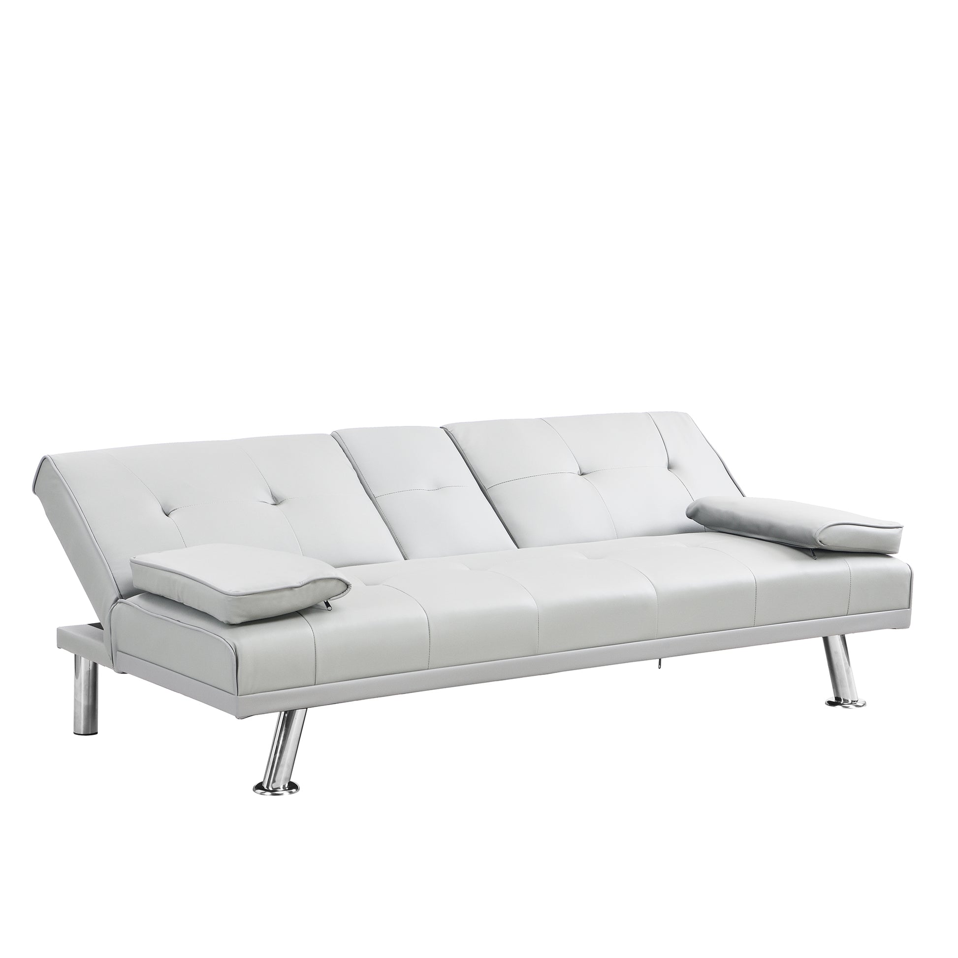 Sofa Bed With Armrest Two Holders Wood Frame, Stainless Leg, Futon White Pvc White Pvc