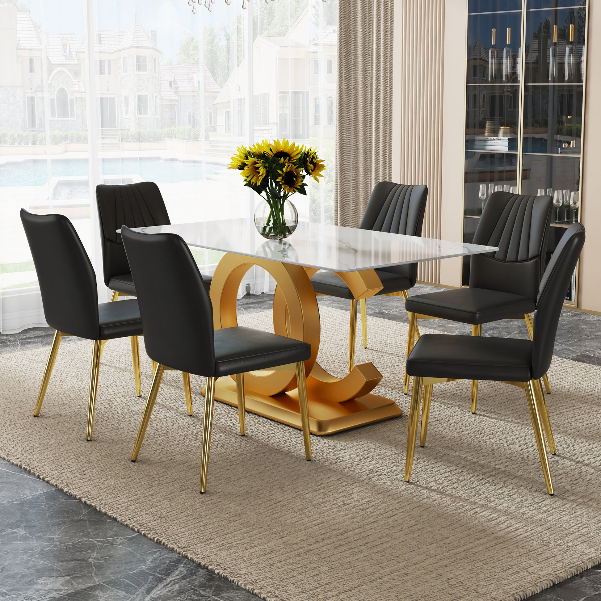 A Modern Minimalist Rectangular Dining Table Suitable For 6 8 People, A Set Of 6 Piece Pu Leather Backrest And Gold Metal Legs Modern Dining Chairs. F Oc C 009 White Mdf Glass
