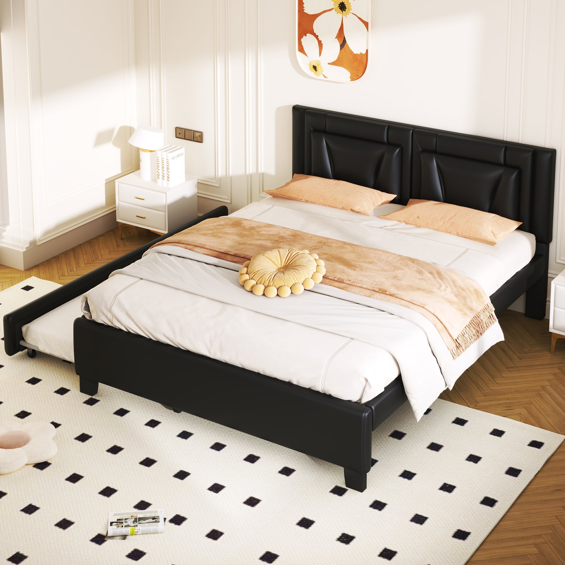 Queen Size Upholstered Platform Bed With Headboard And Twin Size Trundle, Black Box Spring Not Required Queen Black Bedroom Faux Leather Upholstered