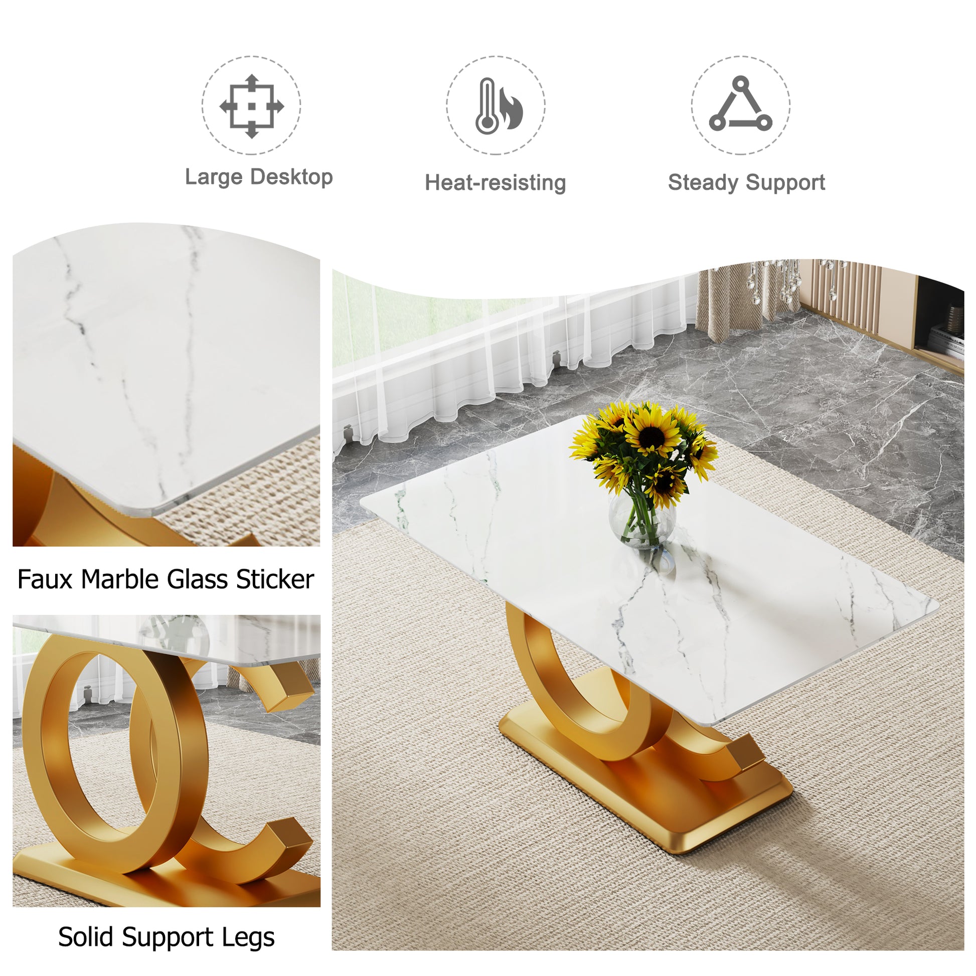 A Modern Minimalist Rectangular Dining Table Suitable For 6 8 People, A Set Of 6 Piece Pu Leather Backrest And Gold Metal Legs Modern Dining Chairs. F Oc C 009 White Mdf Glass