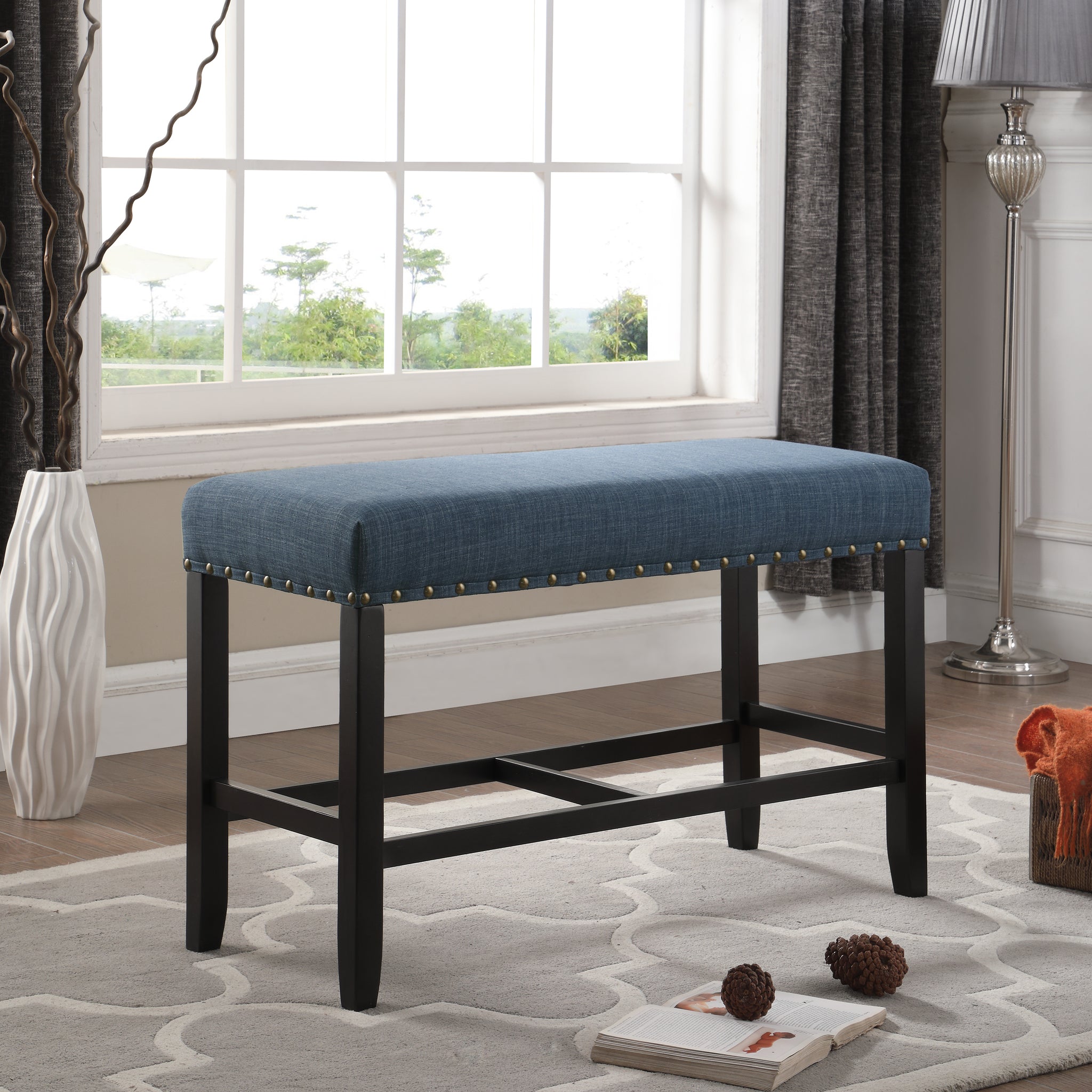 Biony Fabric Counter Height Dining Bench With Trim, Blue Blue Polyester Blend
