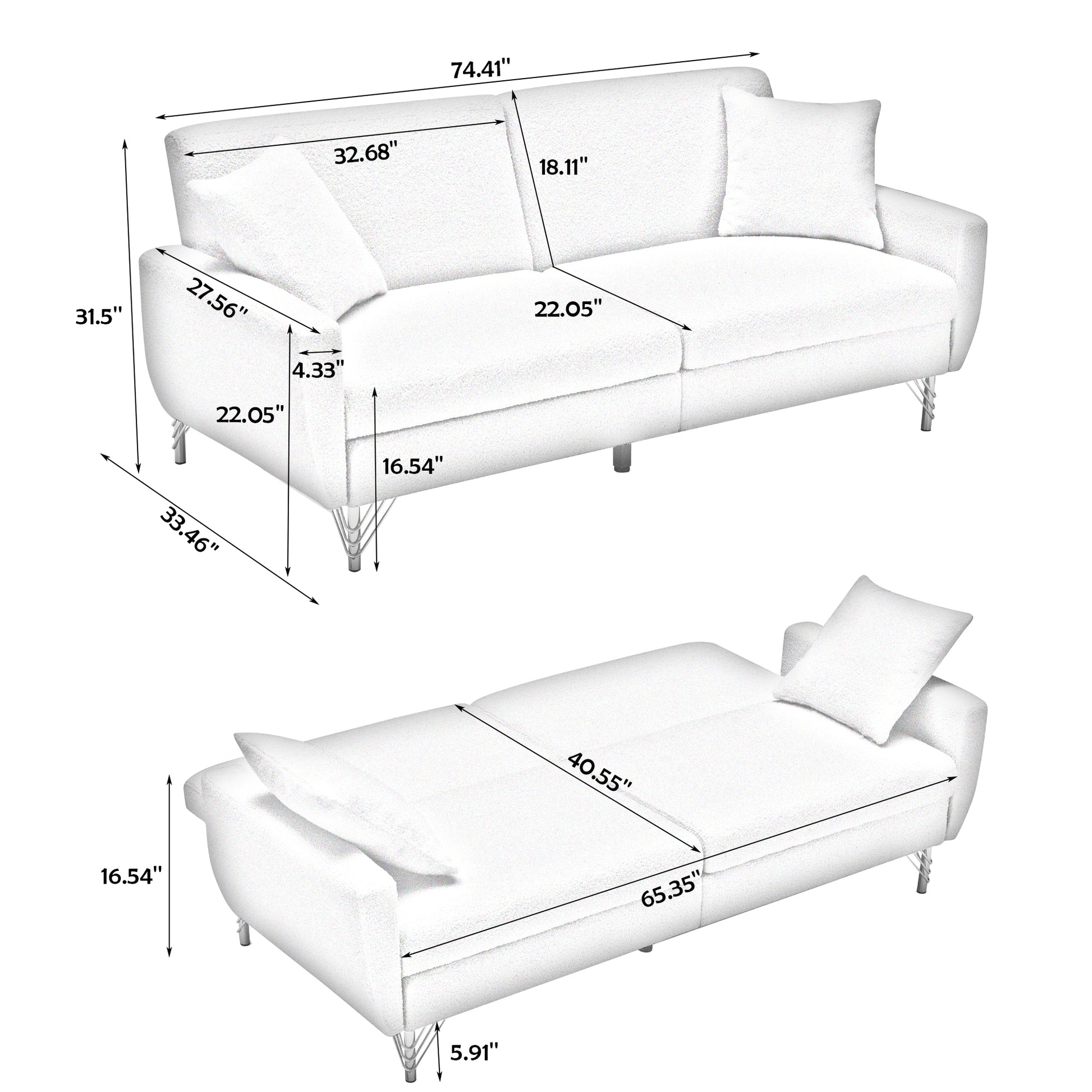 74.41 Inch Teddy Velvet Sofa Bed With Separate Adjustment Backrest And Storage Function Gray Light Brown Velvet Wood Primary Living Space Medium Soft Loose Back Contemporary Square Arms Foam Foam 2 Seat
