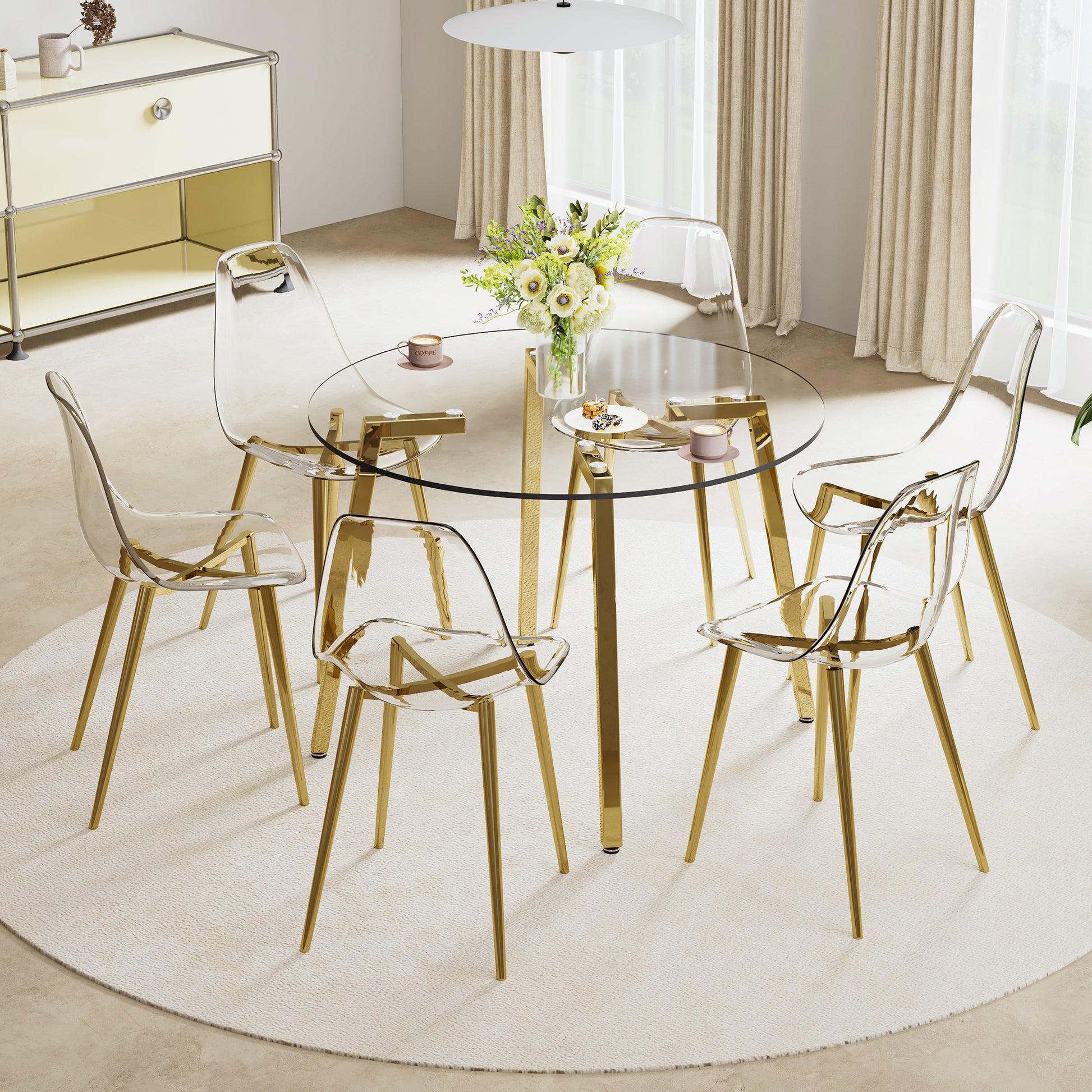 Modern Minimalist Style Circular Transparent Tempered Glass Table, Tempered Glass Tabletop, Golden Metal Legs, Suitable For Kitchen, Dining Room, And Living Room, 42 "* 42" * 29.5 "1123R Transparent Glass