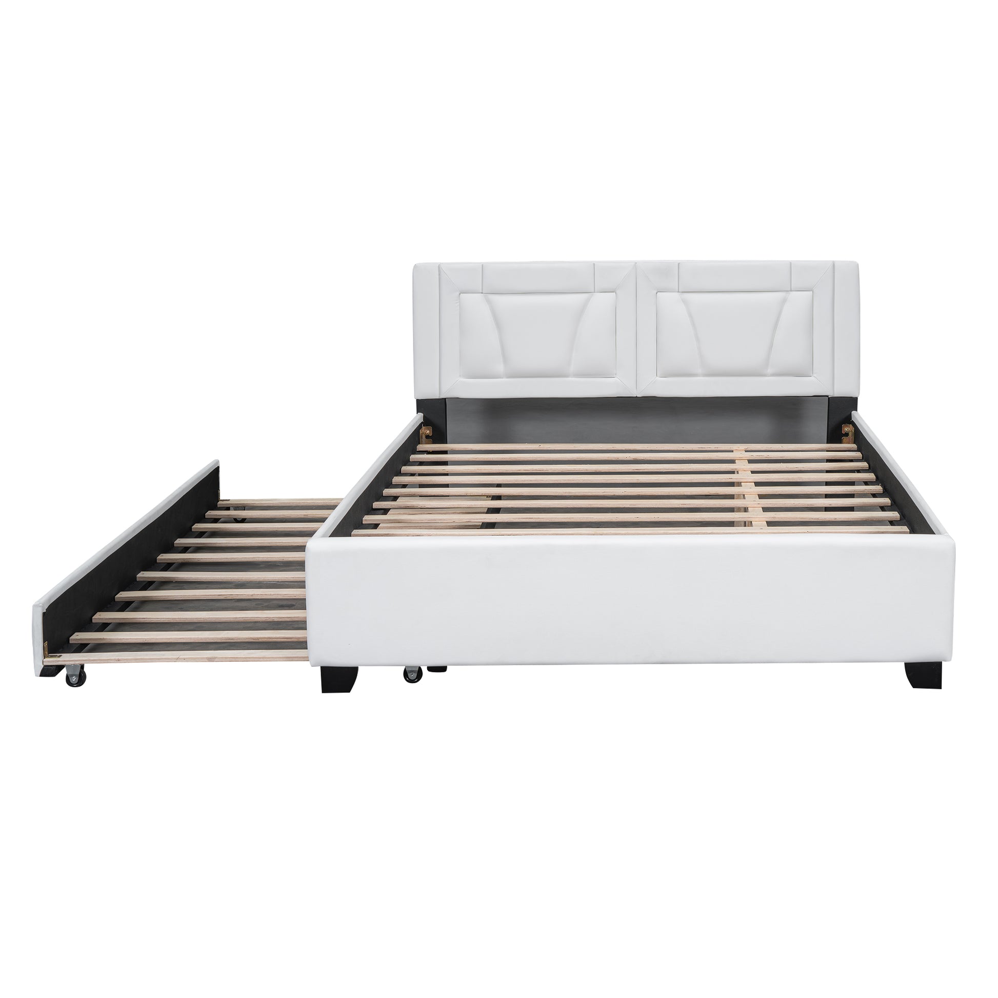 Queen Size Upholstered Platform Bed With Headboard And Twin Size Trundle, White Box Spring Not Required Queen White Bedroom Faux Leather Upholstered