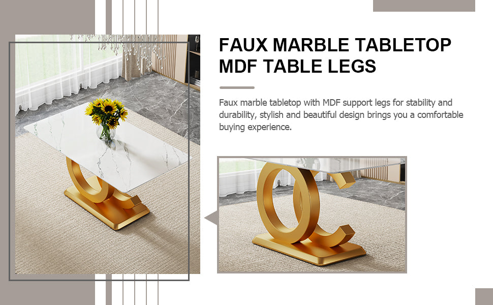 A Modern Minimalist Rectangular Dining Table Suitable For 6 8 People, A Set Of 6 Piece Pu Leather Backrest And Gold Metal Legs Modern Dining Chairs. F Oc C 009 White Mdf Glass