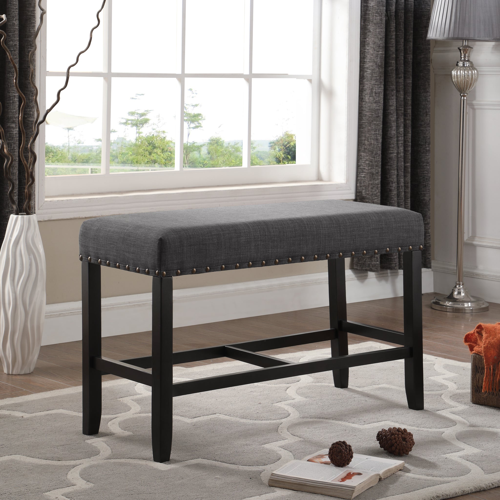 Biony Fabric Counter Height Dining Bench With Trim, Grey Grey Polyester Blend