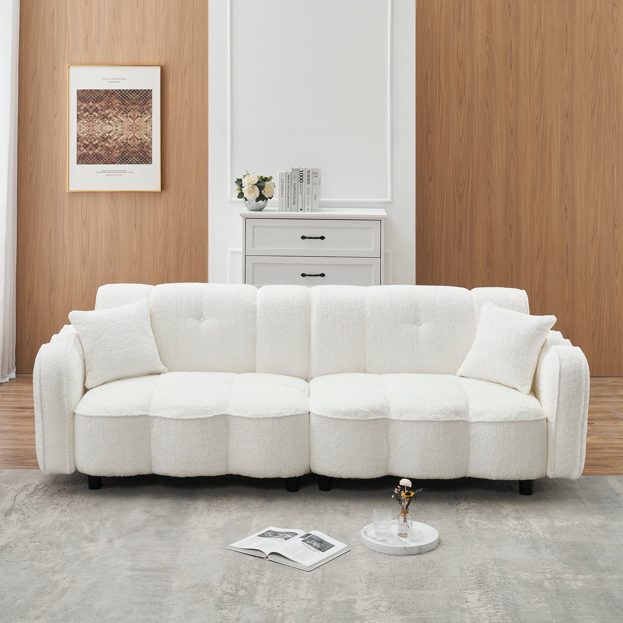 96.06 Inch Large Teddy Plush Sofa For Living Room And Entertainment Space. White Brown Velvet Wood Primary Living Space Medium Soft Loose Back Contemporary Eucalyptus Pillow Top Arms Foam Foam 3 Seat