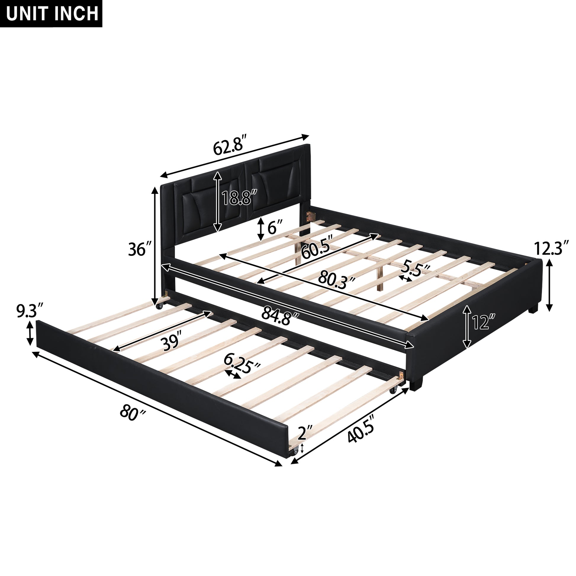 Queen Size Upholstered Platform Bed With Headboard And Twin Size Trundle, Black Box Spring Not Required Queen Black Bedroom Faux Leather Upholstered