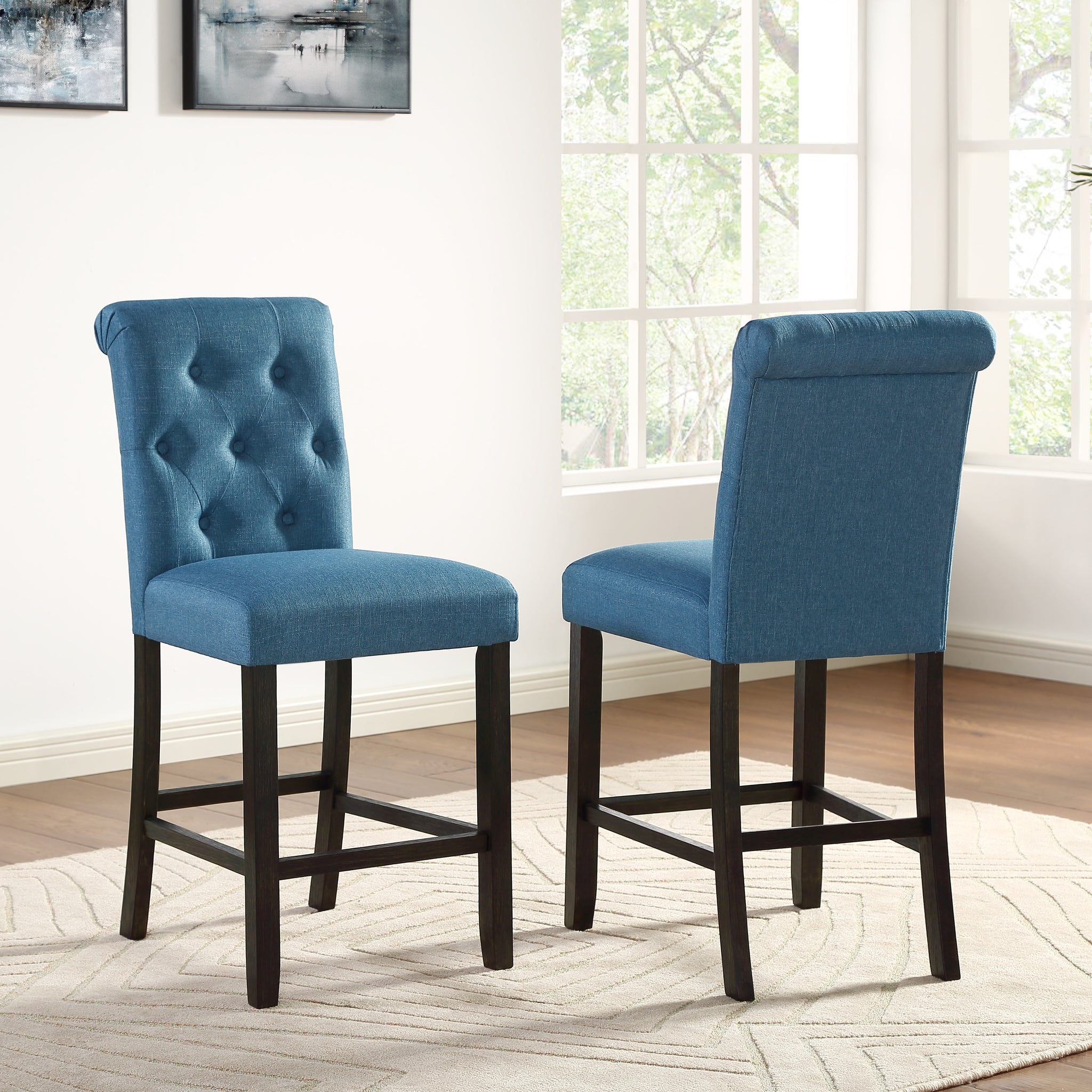 Leviton Solid Wood Tufted Asons Counter Height Stool, Set Of 2, Blue Blue Polyester Blend