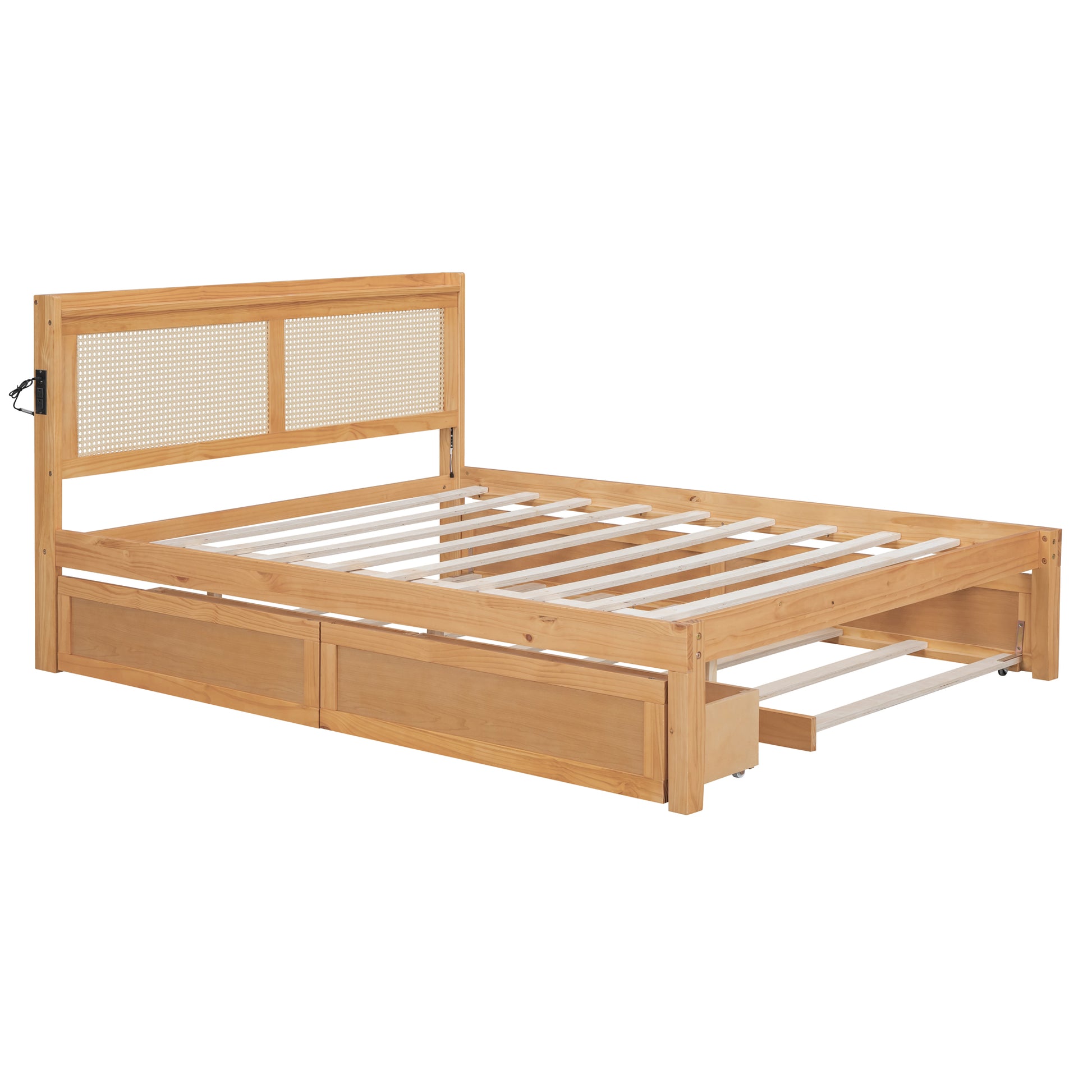 Queen Size Elegant Bed Frame With Rattan Headboard And Sockets ,Natural Twin Natural Rattan