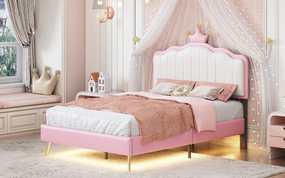 Twin Size Upholstered Princess Bed With Crown Headboard,Twin Size Platform Bed With Headboard And Footboard With Light Strips,Golden Metal Legs, White Pink Pink Pu