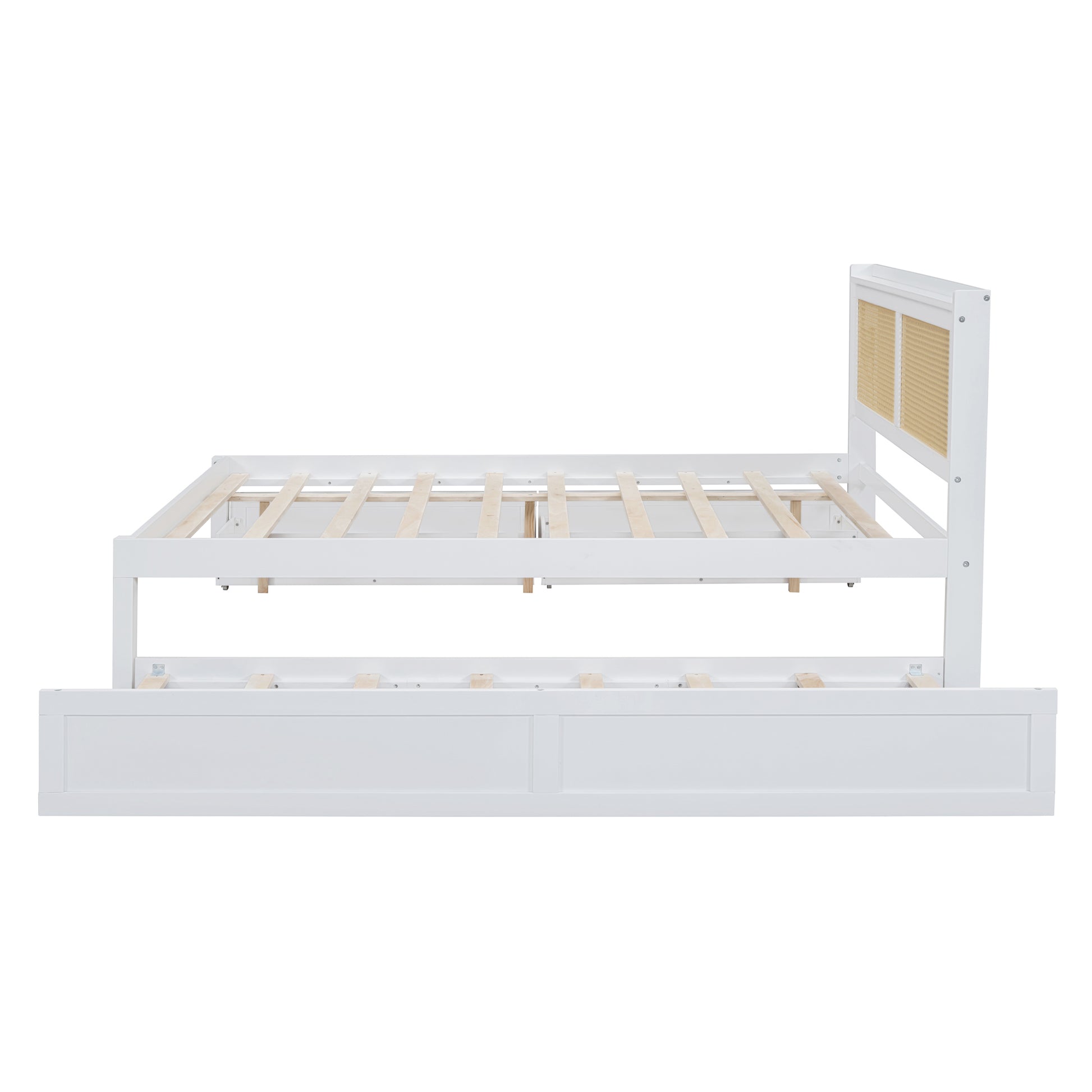 Queen Size Elegant Bed Frame With Rattan Headboard And Sockets ,White White Rattan