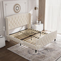 Full Size Bed Frame, Modern Upholstered Platform Bed With Wingback Headboard, Velvet Bed Frame With Wood Slat Support, Easy Assembly, No Box Spring Needed White, Full Box Spring Not Required Full Off White Bedroom Bed Frame Iron