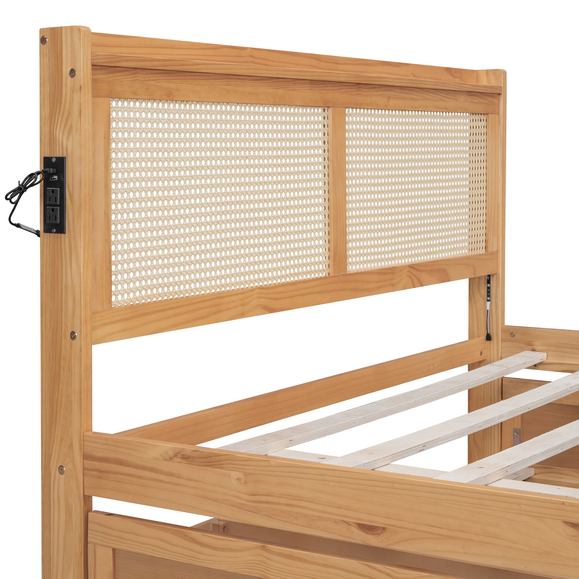 Queen Size Elegant Bed Frame With Rattan Headboard And Sockets ,Natural Twin Natural Rattan