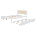 Queen Size Elegant Bed Frame With Rattan Headboard And Sockets ,White White Rattan