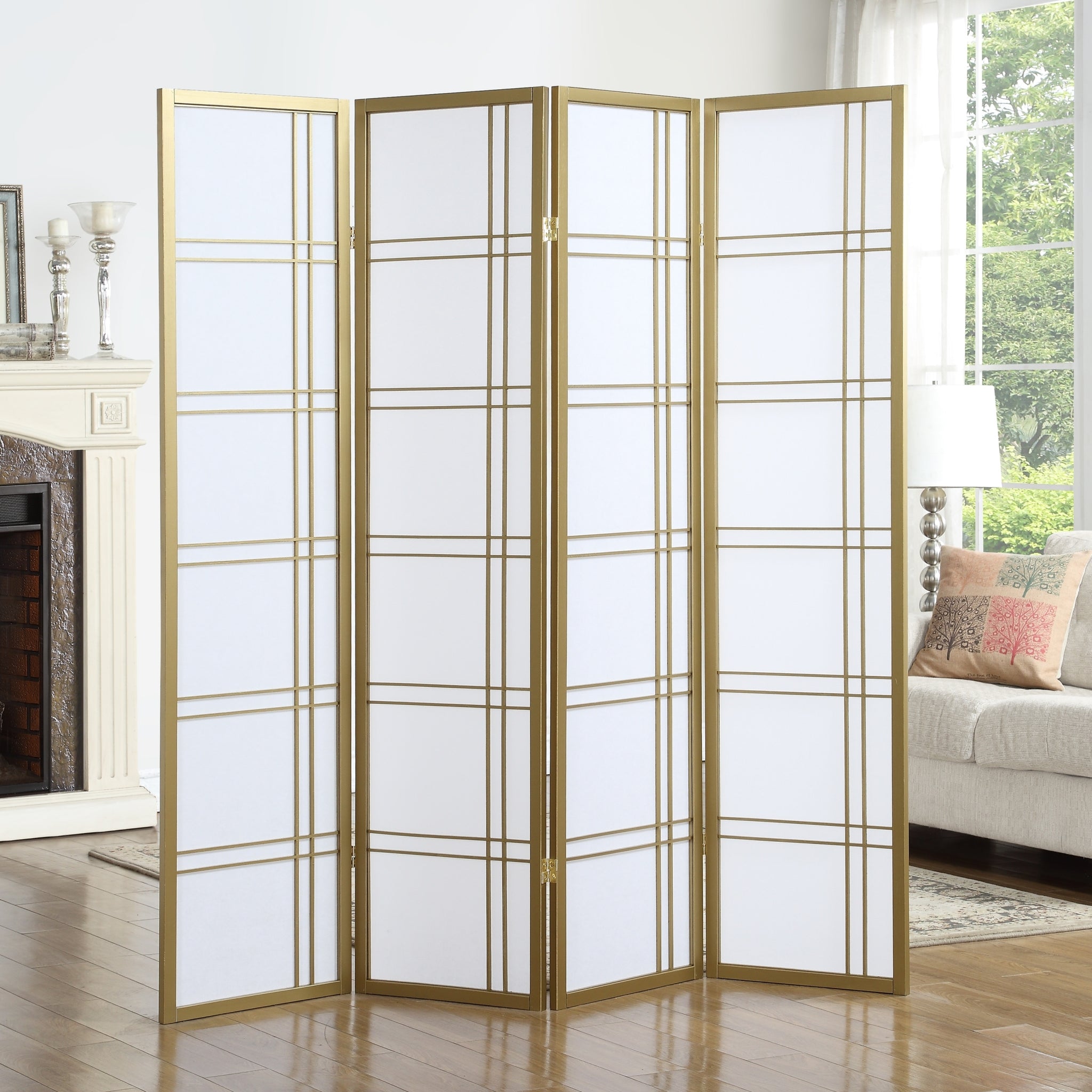 Seto 4 Panel Room Divider Screen, Gold Gold Wood Paper