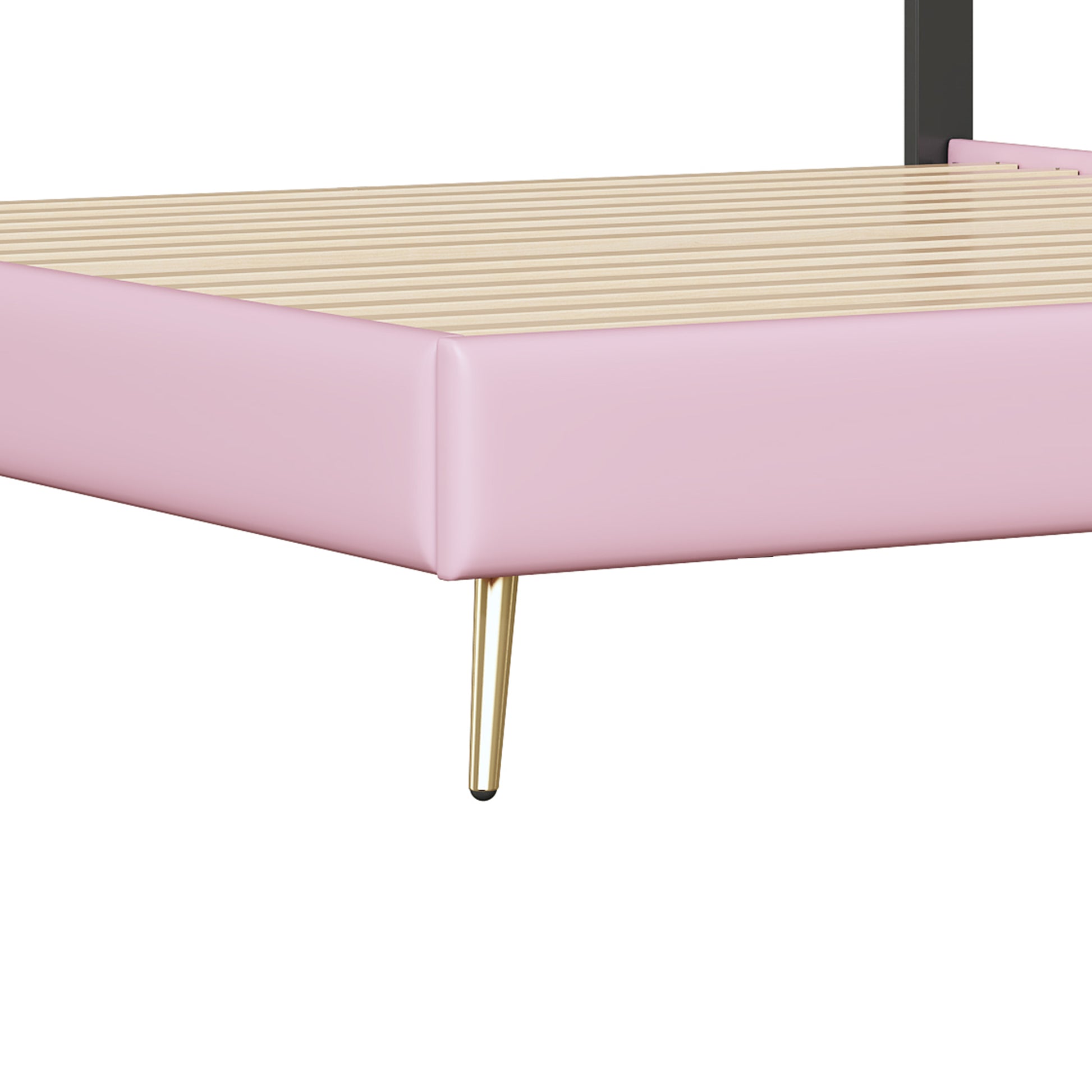 Twin Size Upholstered Princess Bed With Crown Headboard,Twin Size Platform Bed With Headboard And Footboard With Light Strips,Golden Metal Legs, White Pink Pink Pu