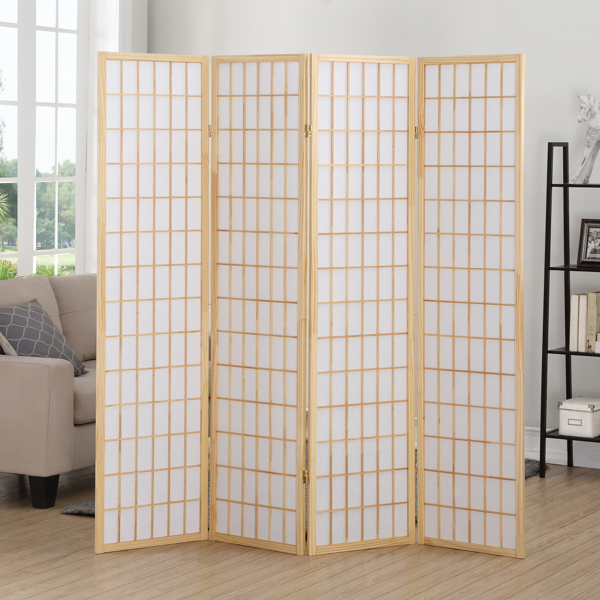 4 Panel Oriental Shoji Screen Room Divider, Natural Natural Wood Paper