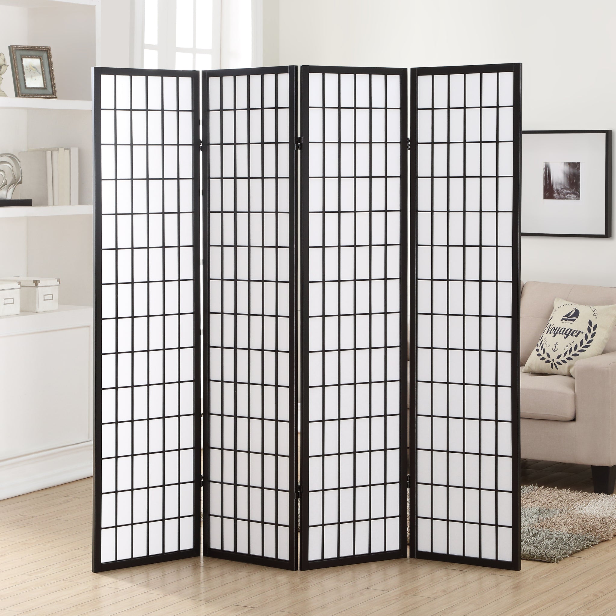 4 Panel Oriental Shoji Screen Room Divider, Black Black Wood Paper