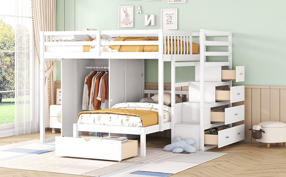 Full Over Twin Bunk Bed With Wardrobe, Drawers, White White Solid Wood