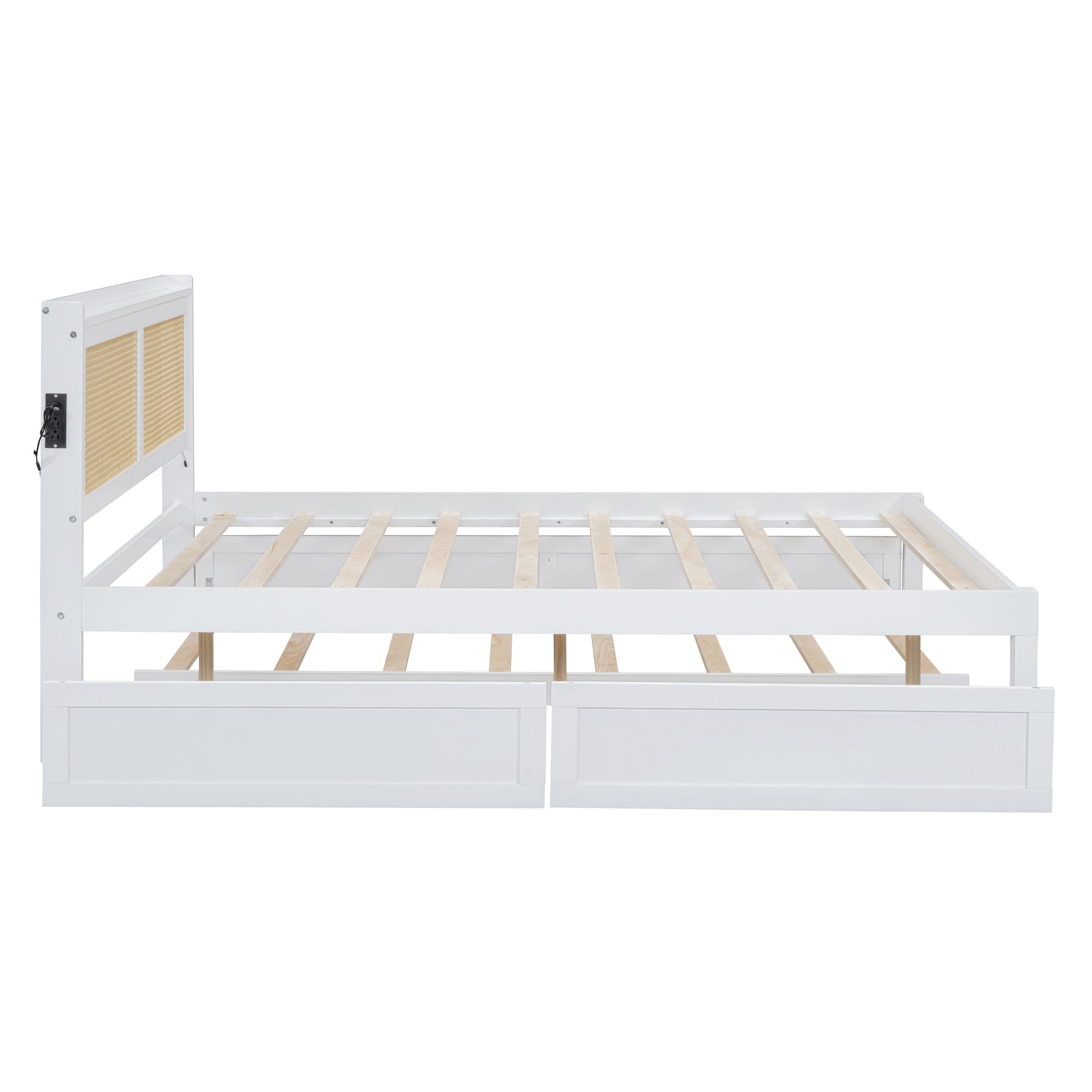 Queen Size Elegant Bed Frame With Rattan Headboard And Sockets ,White White Rattan