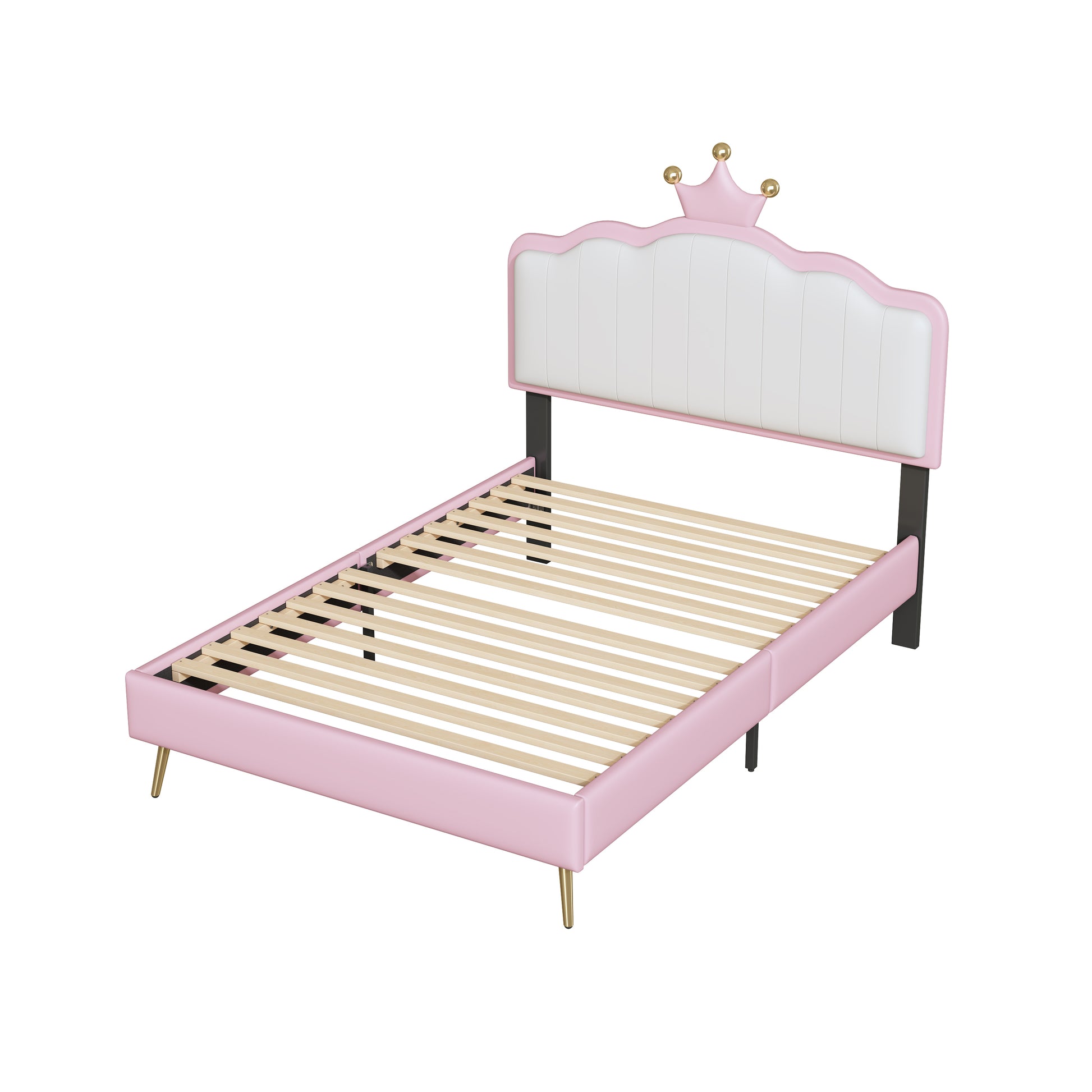 Twin Size Upholstered Princess Bed With Crown Headboard,Twin Size Platform Bed With Headboard And Footboard With Light Strips,Golden Metal Legs, White Pink Pink Pu