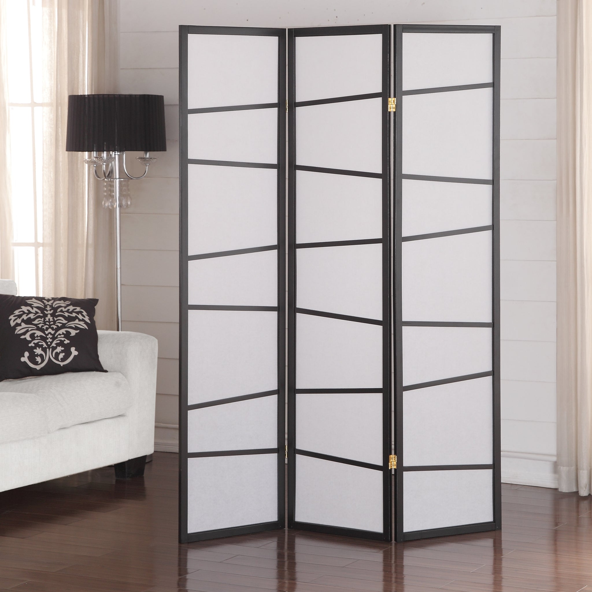 3 Panel Screen Room Divider, Black Black Wood Paper