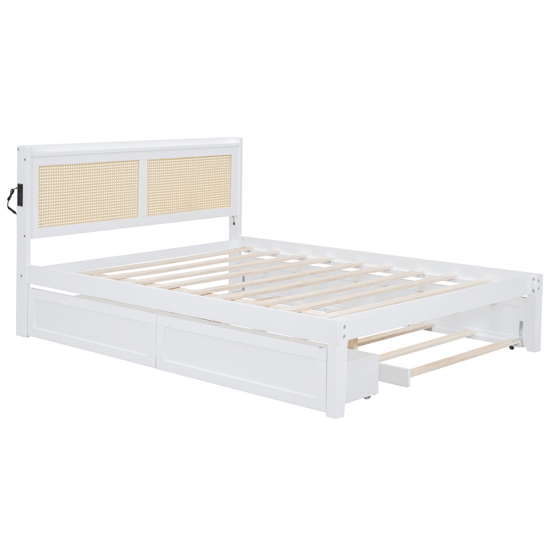 Queen Size Elegant Bed Frame With Rattan Headboard And Sockets ,White White Rattan