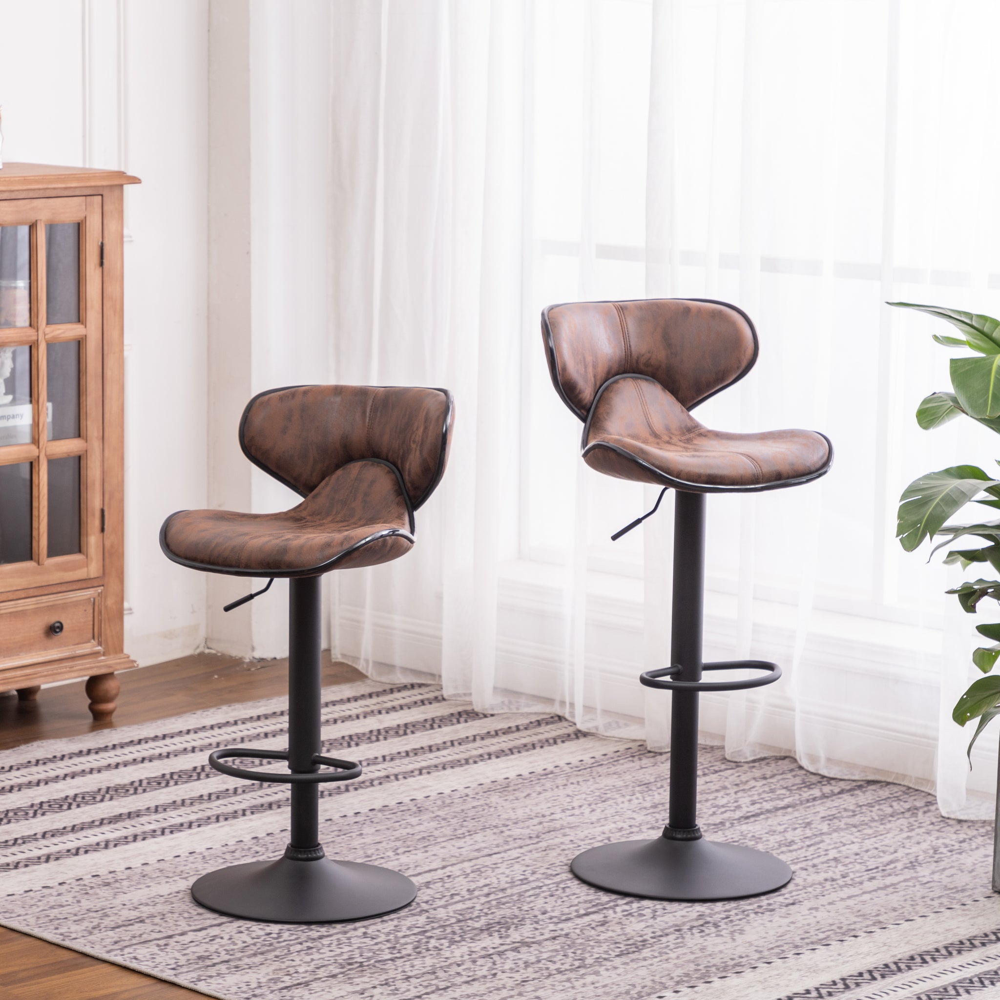 Masaccio Weathered Upholstery Airlift Adjustable Swivel Barstool With Chrome Base, Set Of 2, Brown Brown Polyester
