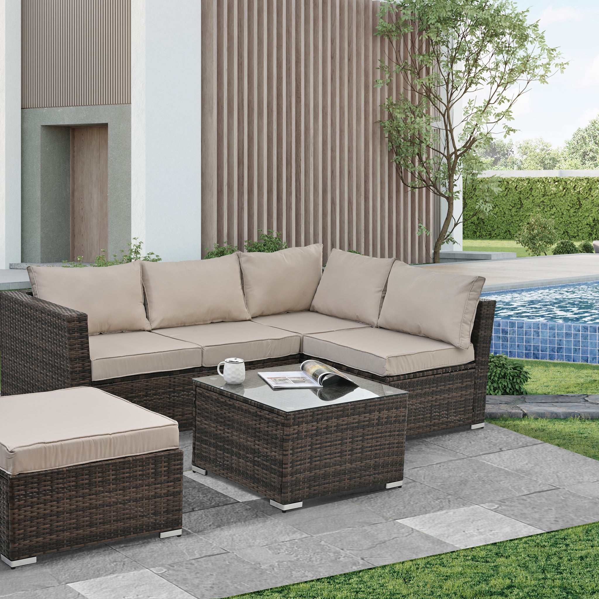 Patio Furniture, Outdoor Furniture, Seasonal Pe Wicker Furniture, 4 Set Wicker Furniture With Tempered Glass Coffee Table Brown Pe Rattan Iron Waterproof Fabric