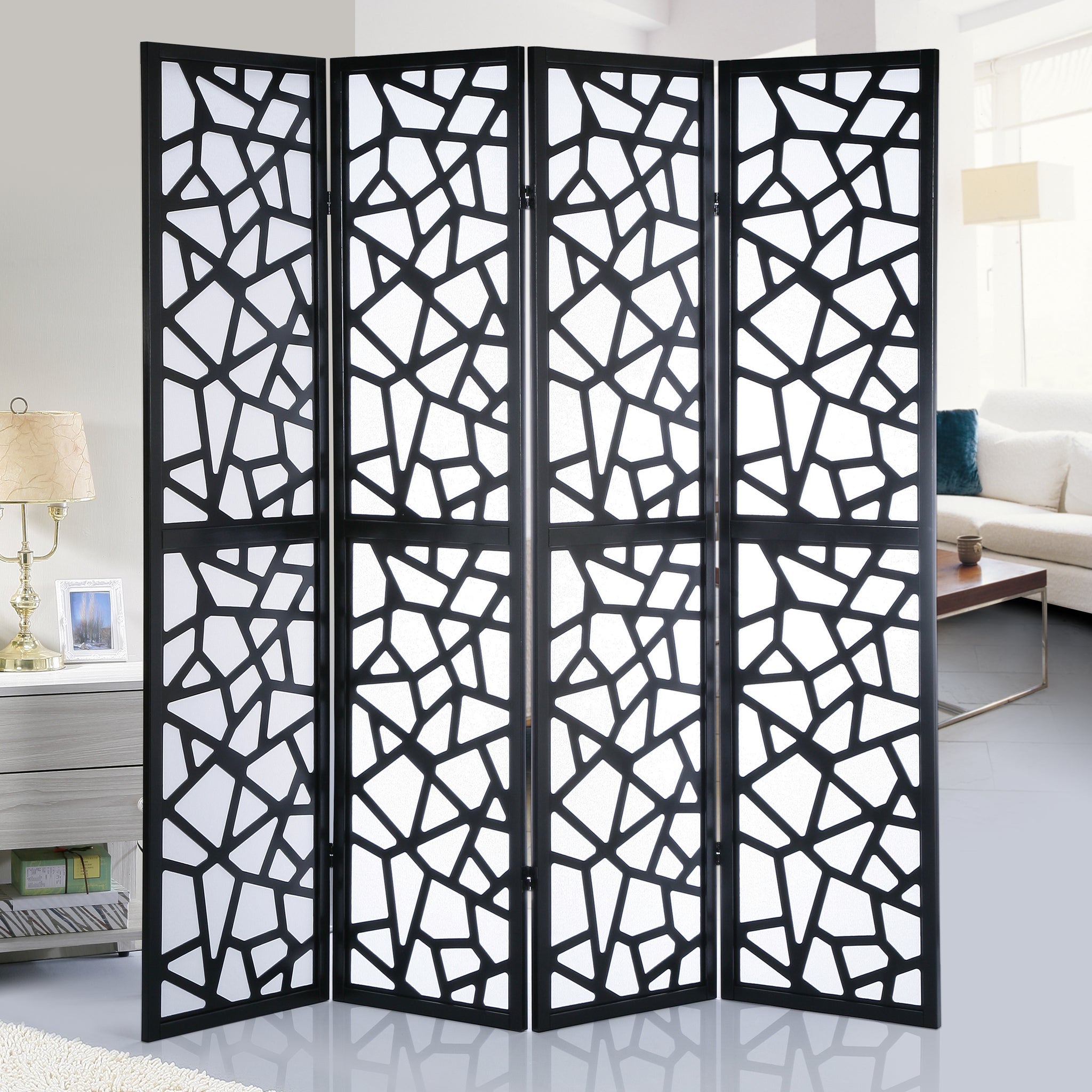 Giyano 4 Panel Screen Room Divider, Black Black Wood Paper