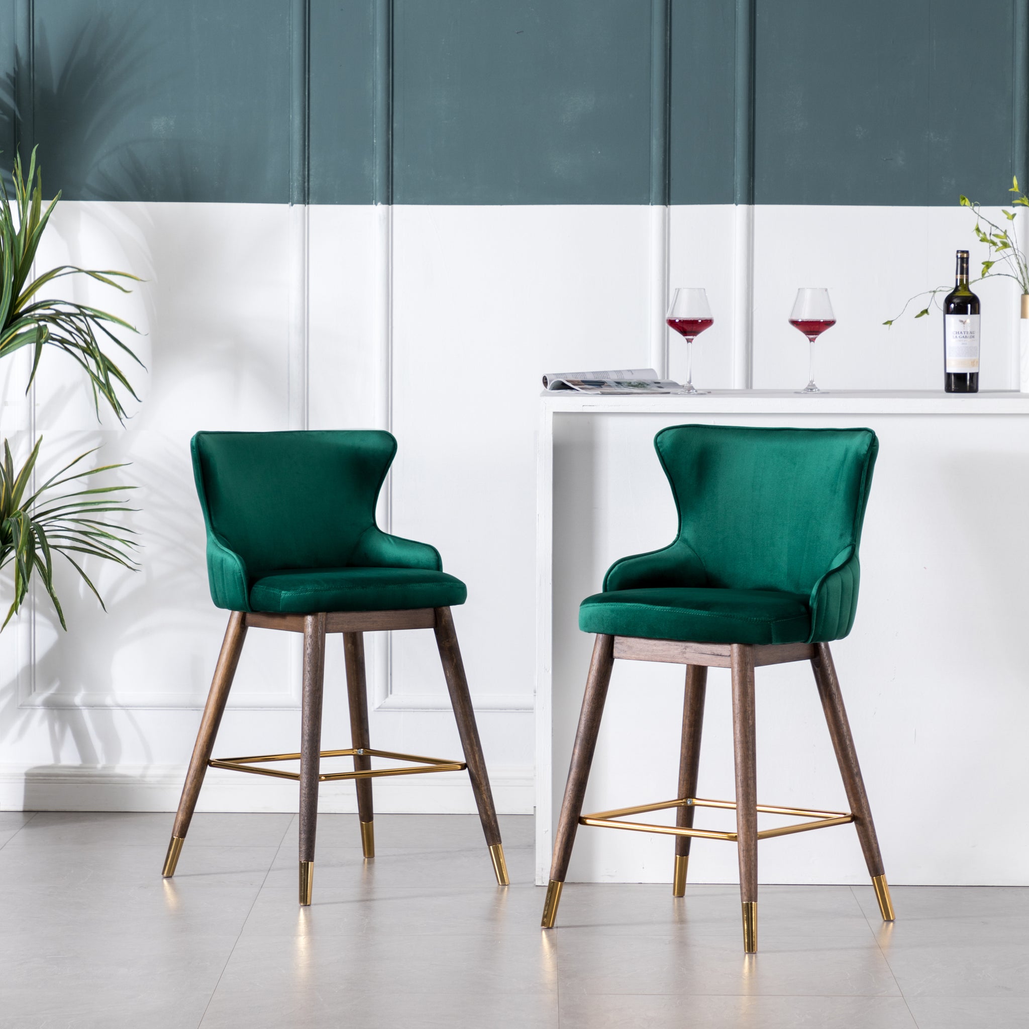 Leland Fabric Upholstered Counter Height Wingback Stools, Set Of 2, Green Green Polyester