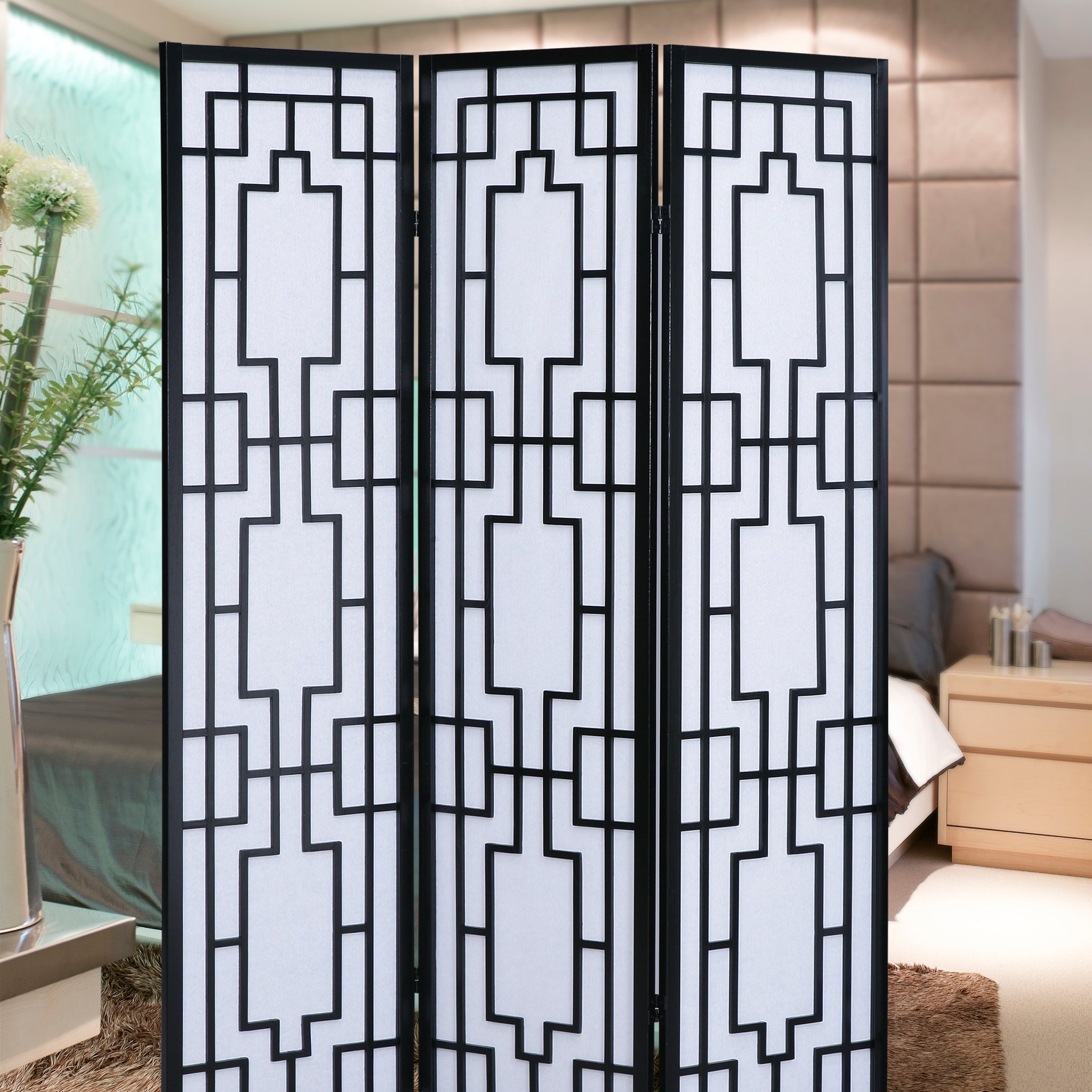 Sudoku 3 Panel Room Divider Screen, Black Black Wood Paper