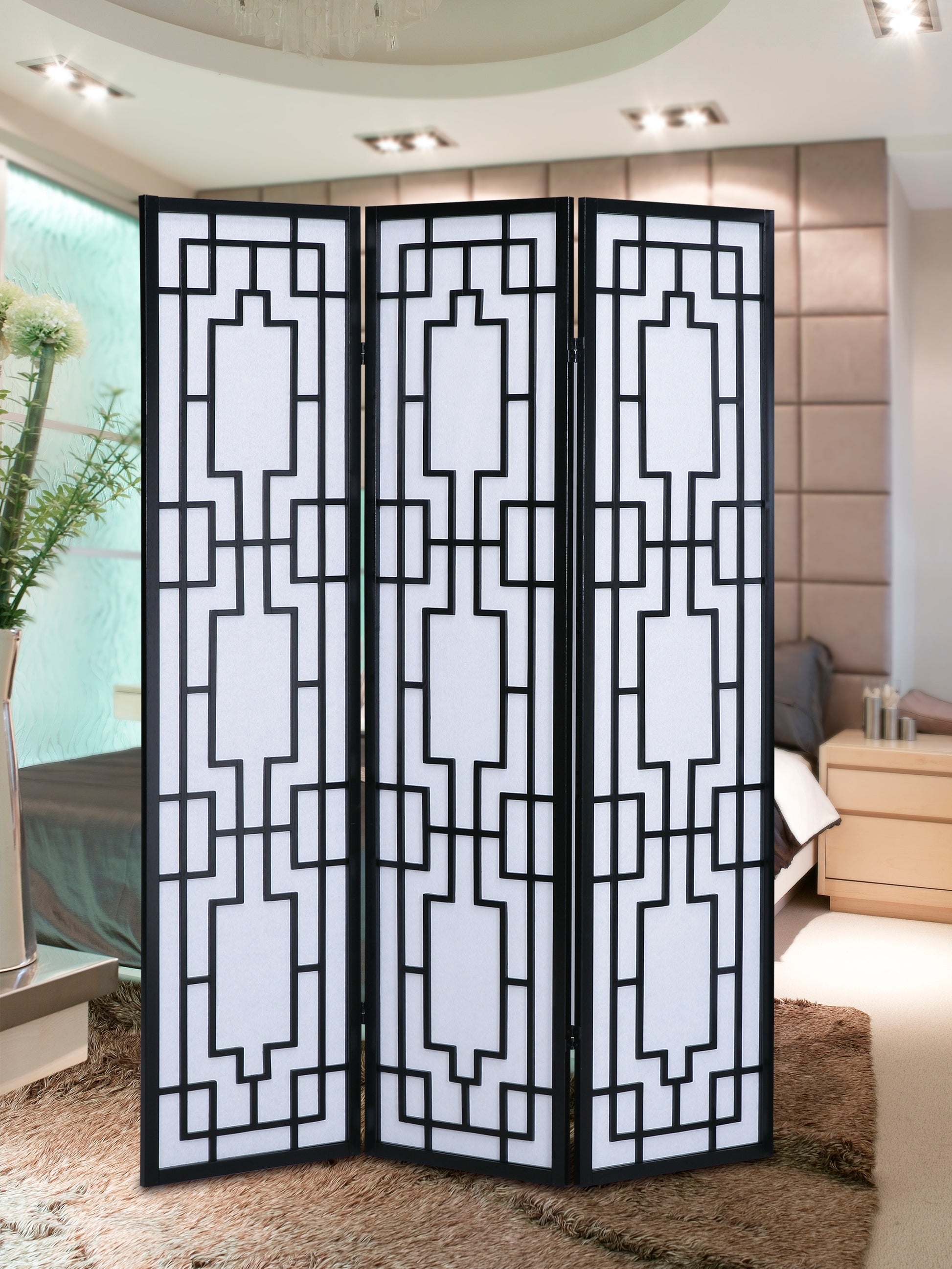 Sudoku 3 Panel Room Divider Screen, Black Black Wood Paper
