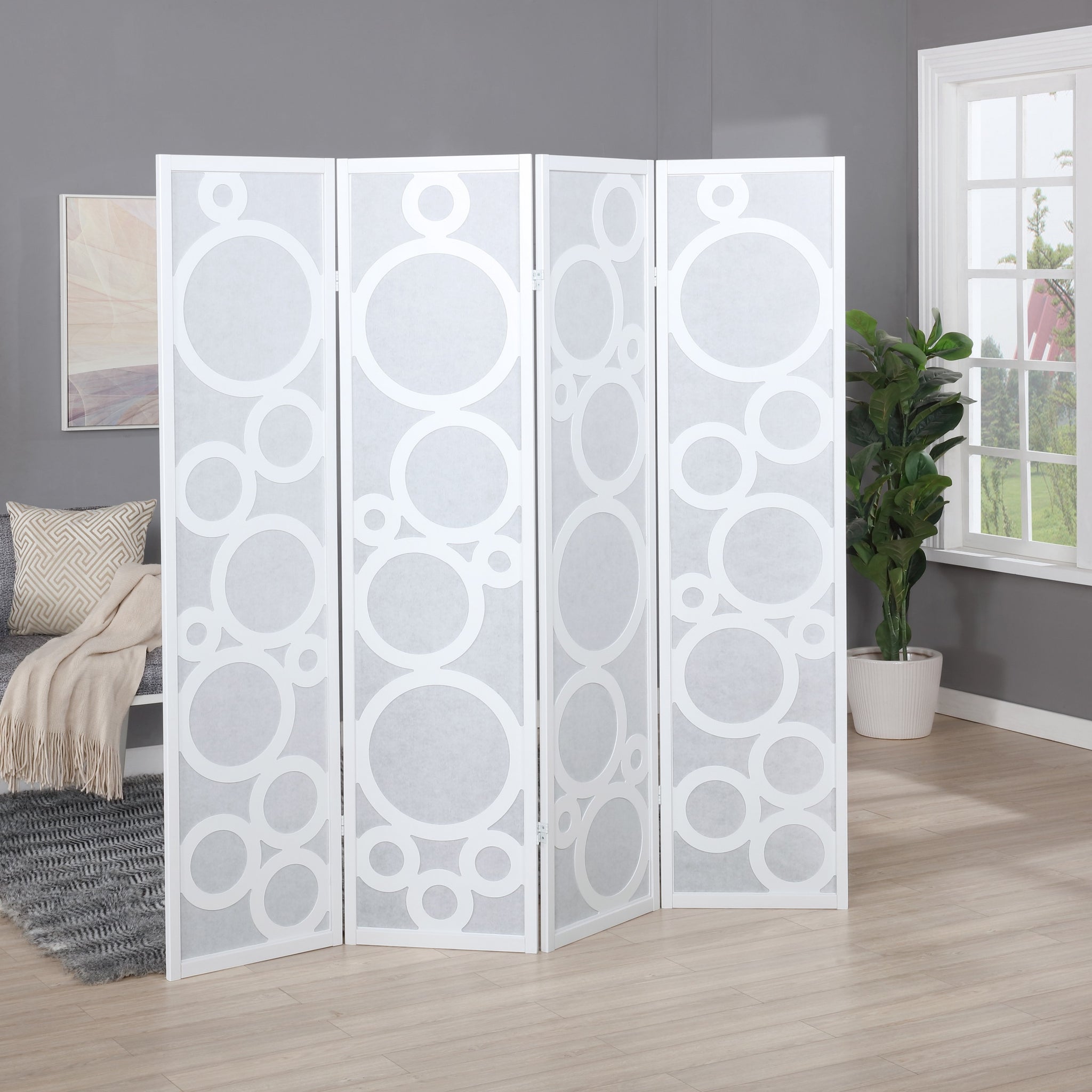 Arvada 4 Panel Wood Room Divider With Circle Pattern, White White Wood Paper