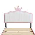 Twin Size Upholstered Princess Bed With Crown Headboard,Twin Size Platform Bed With Headboard And Footboard With Light Strips,Golden Metal Legs, White Pink Pink Pu