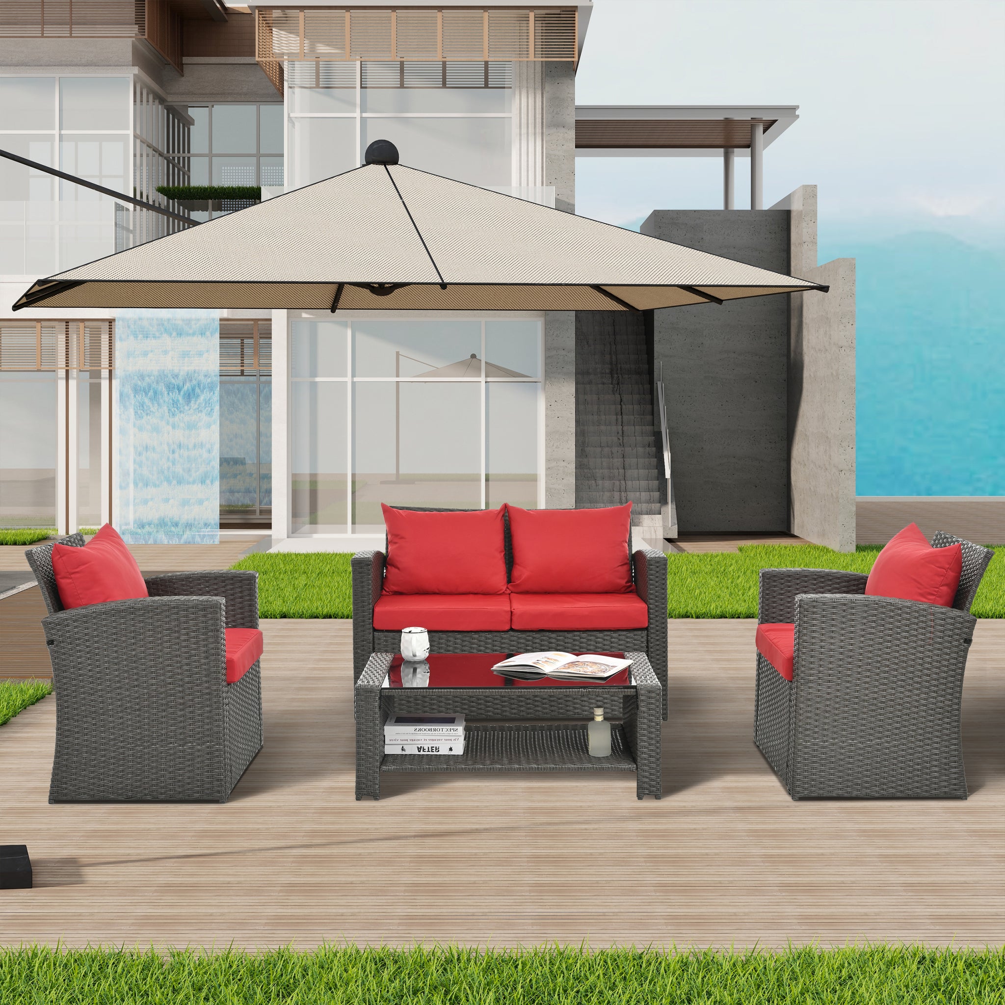 Patio Furniture Sets Dark Gray Seats 4 Pe Rattan Iron Waterproof Fabric
