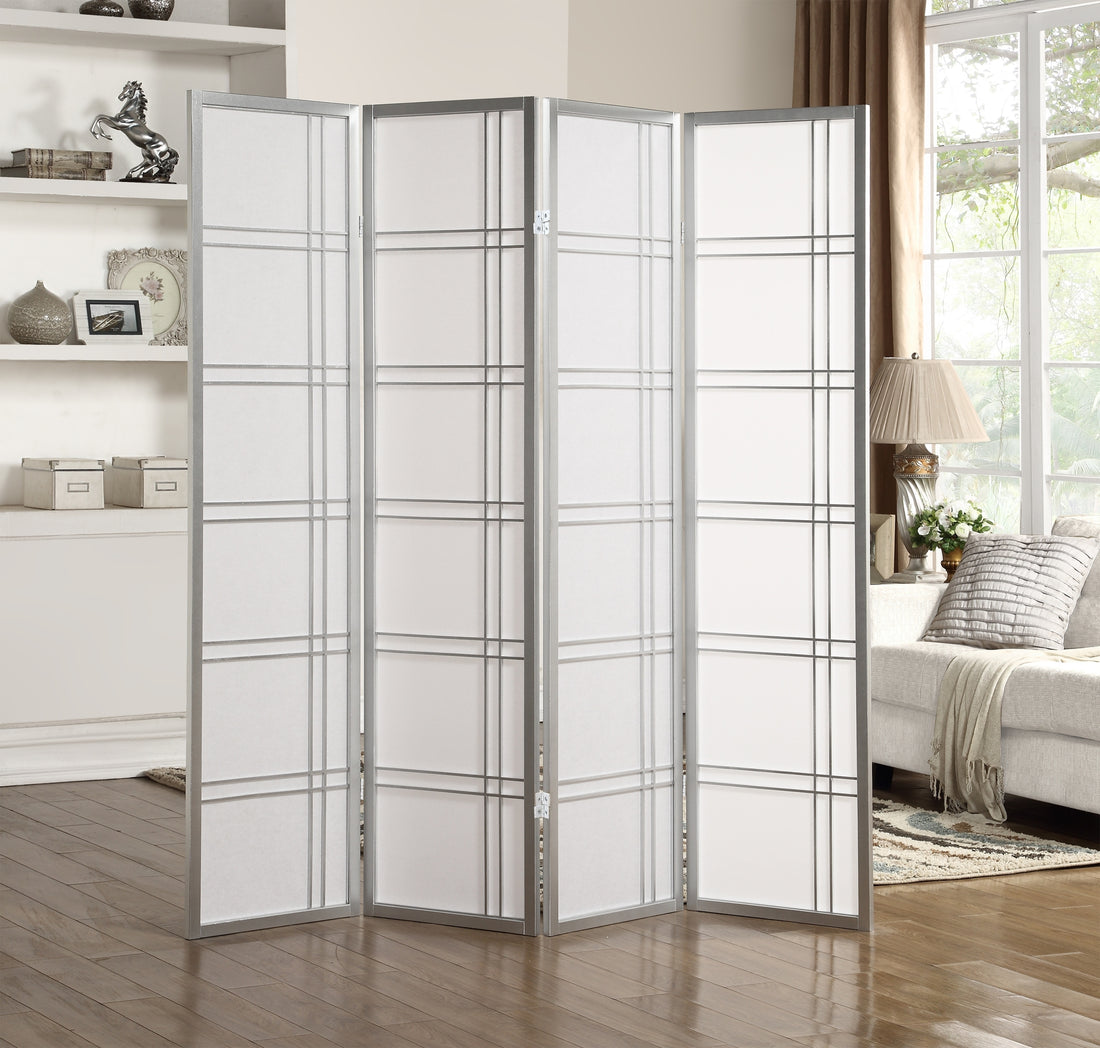 Seto 4 Panel Room Divider Screen, Silver Silver Wood Paper