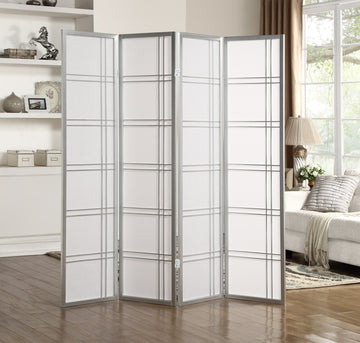 Seto 4 Panel Room Divider Screen, Silver Silver Wood Paper