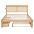 Queen Size Elegant Bed Frame With Rattan Headboard And Sockets ,Natural Twin Natural Rattan