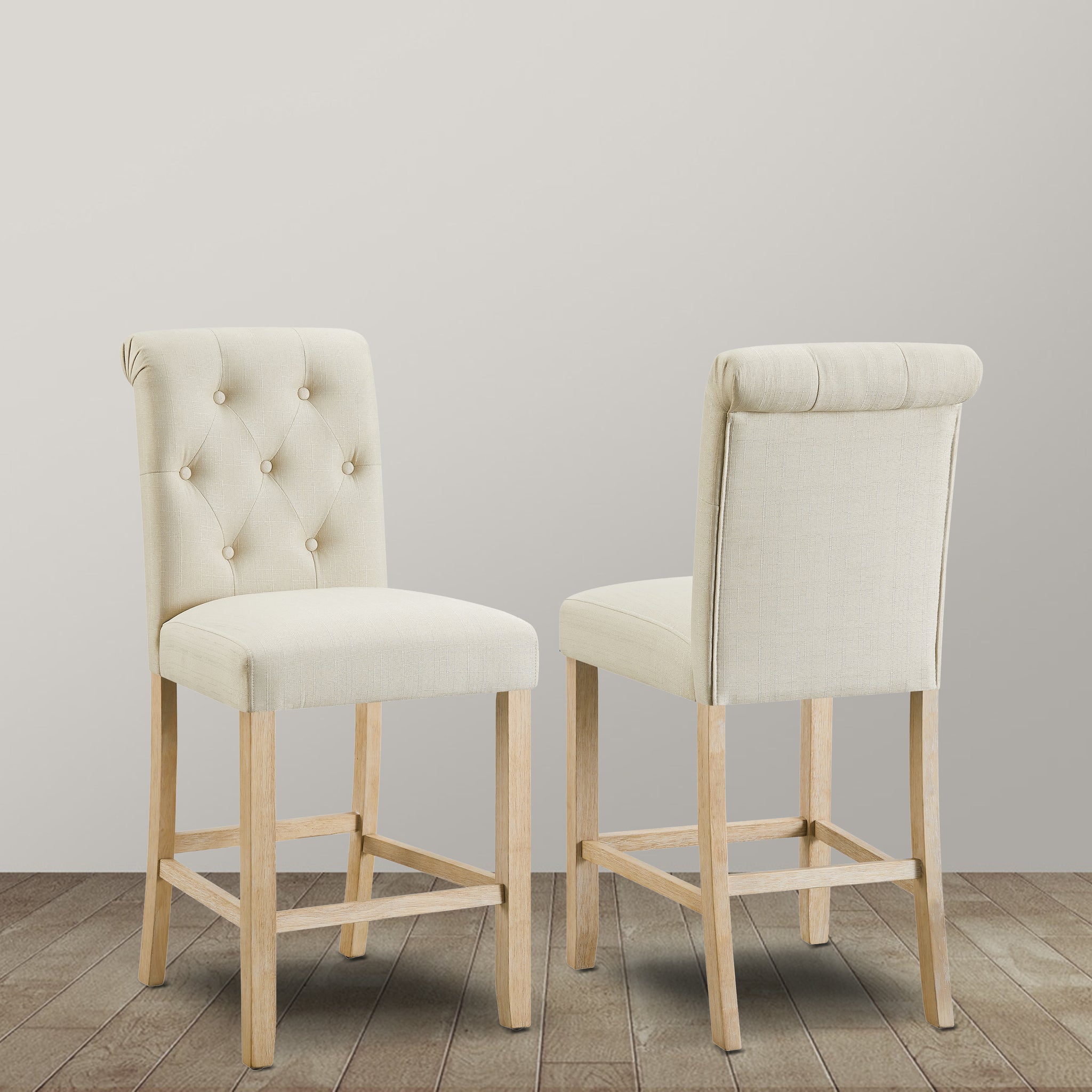 Siena Counter Height Button Tufted Back Solid Wood Stools, Set Of 2, Tan Tan Polyester Blend