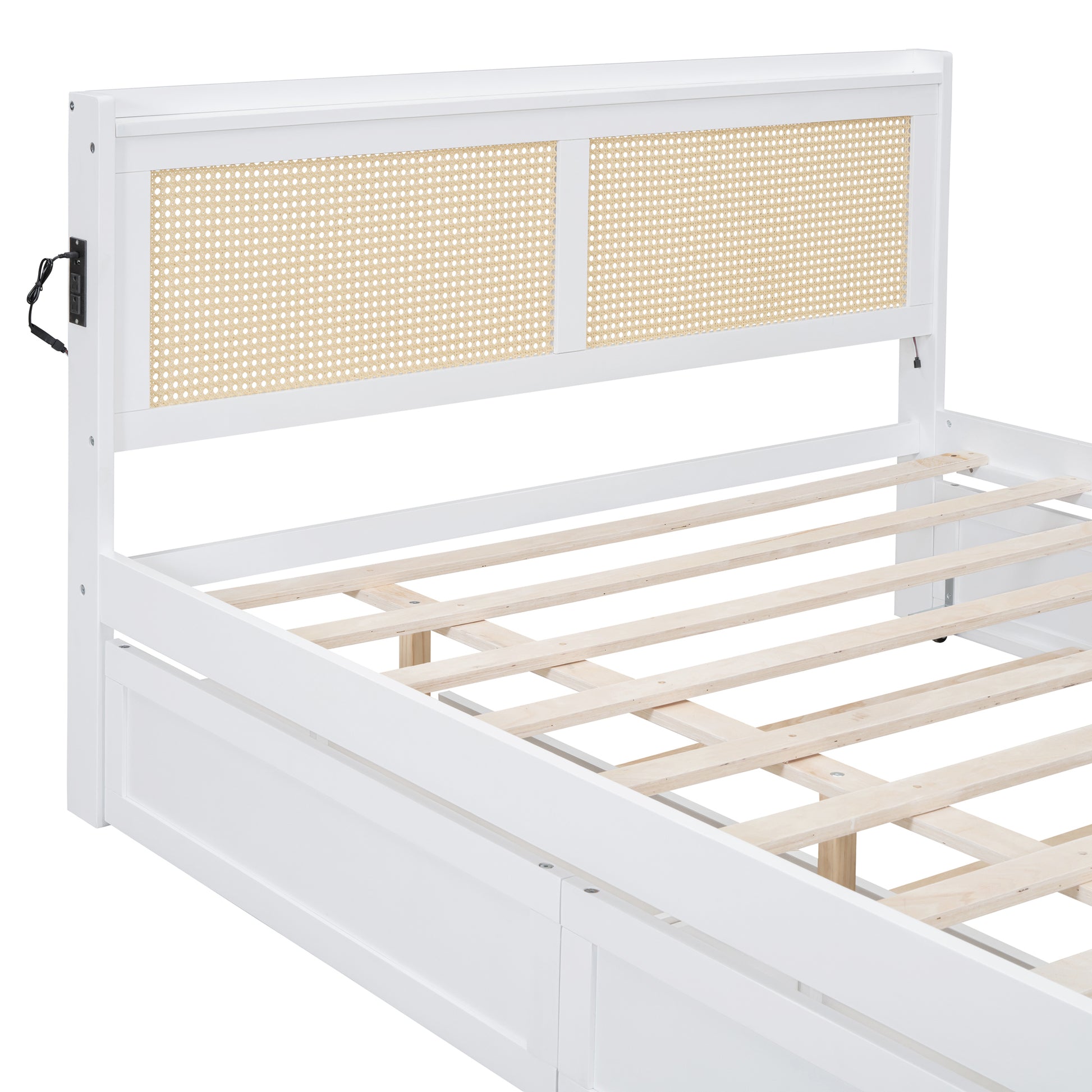 Queen Size Elegant Bed Frame With Rattan Headboard And Sockets ,White White Rattan