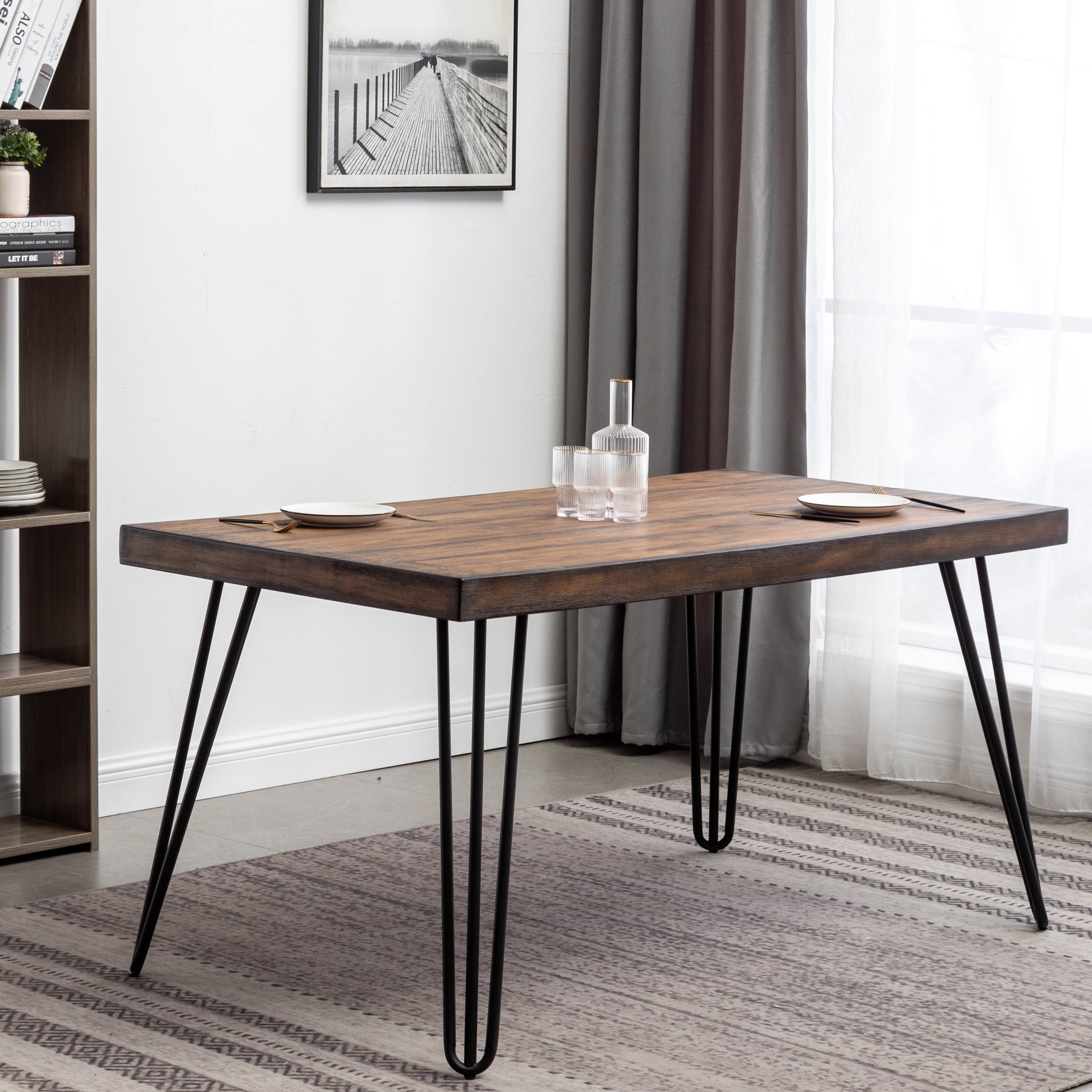 Aryven Industrial Metal Hairpin Design Dining Table, Rustic Dark Pine Brown Mdf Metal